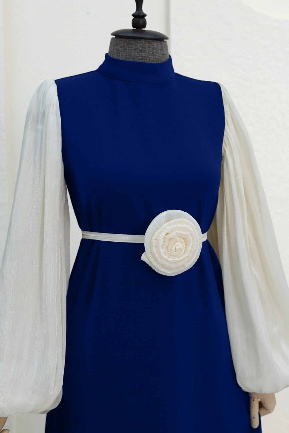 Royal Blue Balloon Sleeve Dress with Rose Belt - Podyumplus - by Peralane - photo 2
