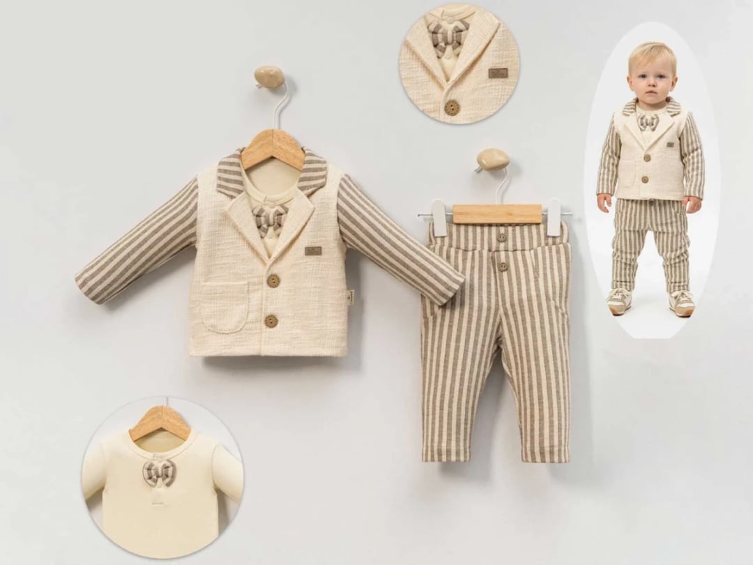 Striped Bow Tie Baby Boy Luxury Set - Cream - Cayzen - by Peralane