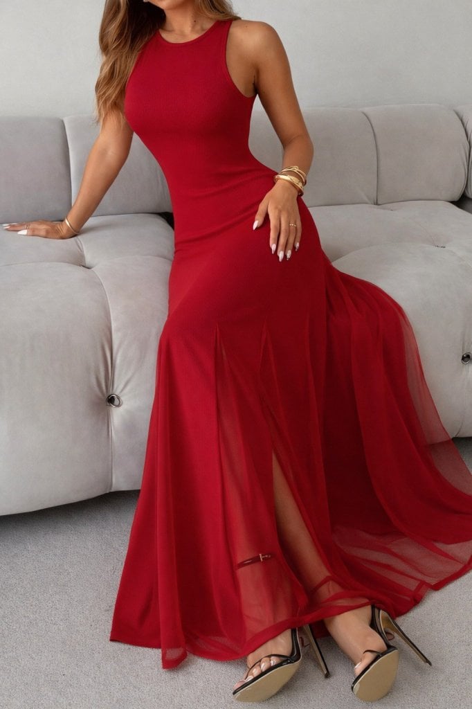 Women's Sleeveless High Neck Long Red Dress with Tulle Detail - Janes - by Peralane - photo 5