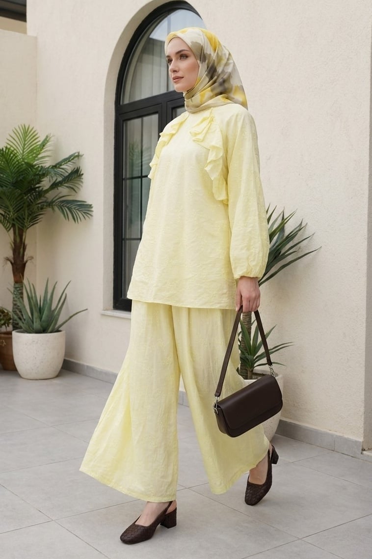 Yellow Bicycle Neck Ruffle Front Lined Voile Two-Piece Set - Podyumplus - by Peralane - photo 6