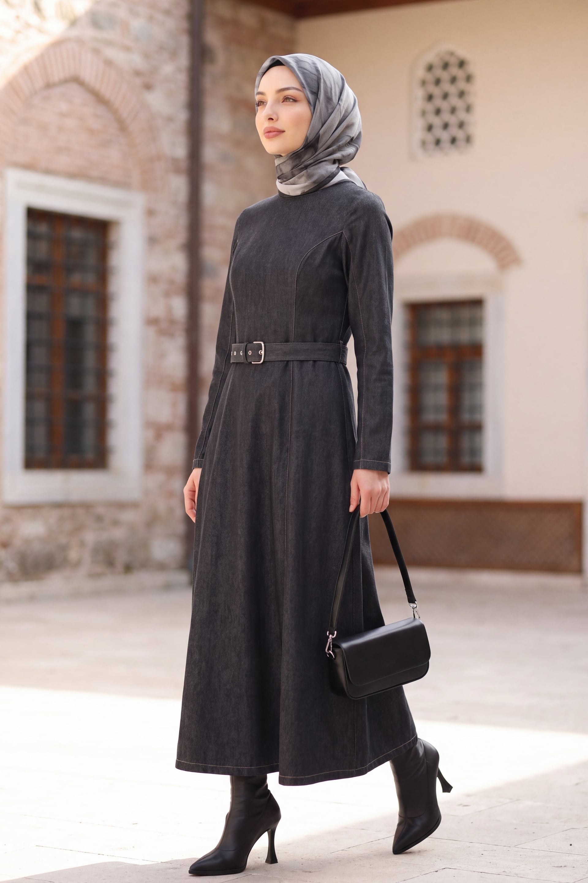 Flared Skirt Zip Belted Denim Dress - Anthracite - Podyumplus - by Peralane - photo 4