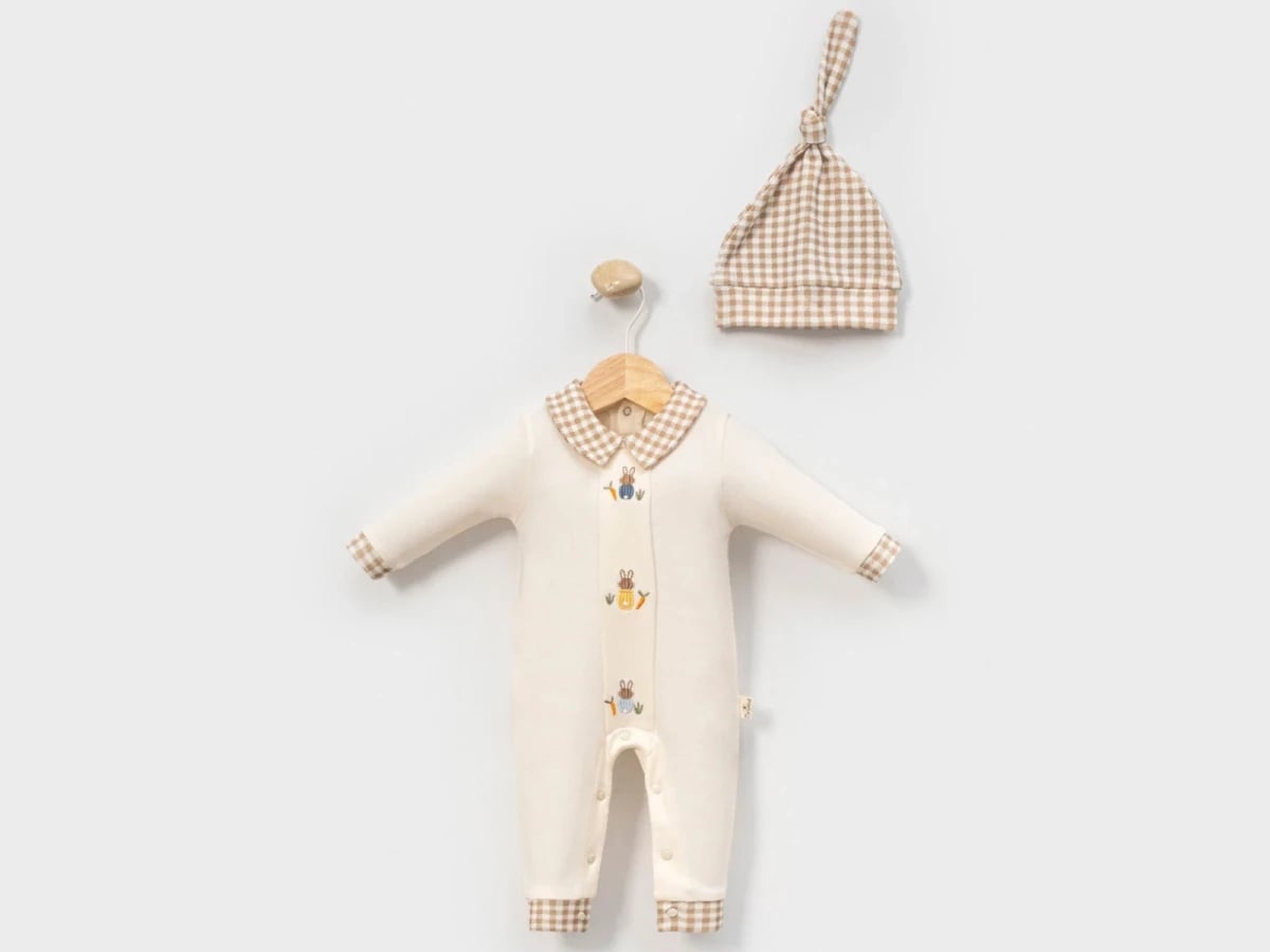 Baby Boy Knotted Hat and Sleepsuit Set with Rabbit Embroidery - Brown - Cayzen - by Peralane