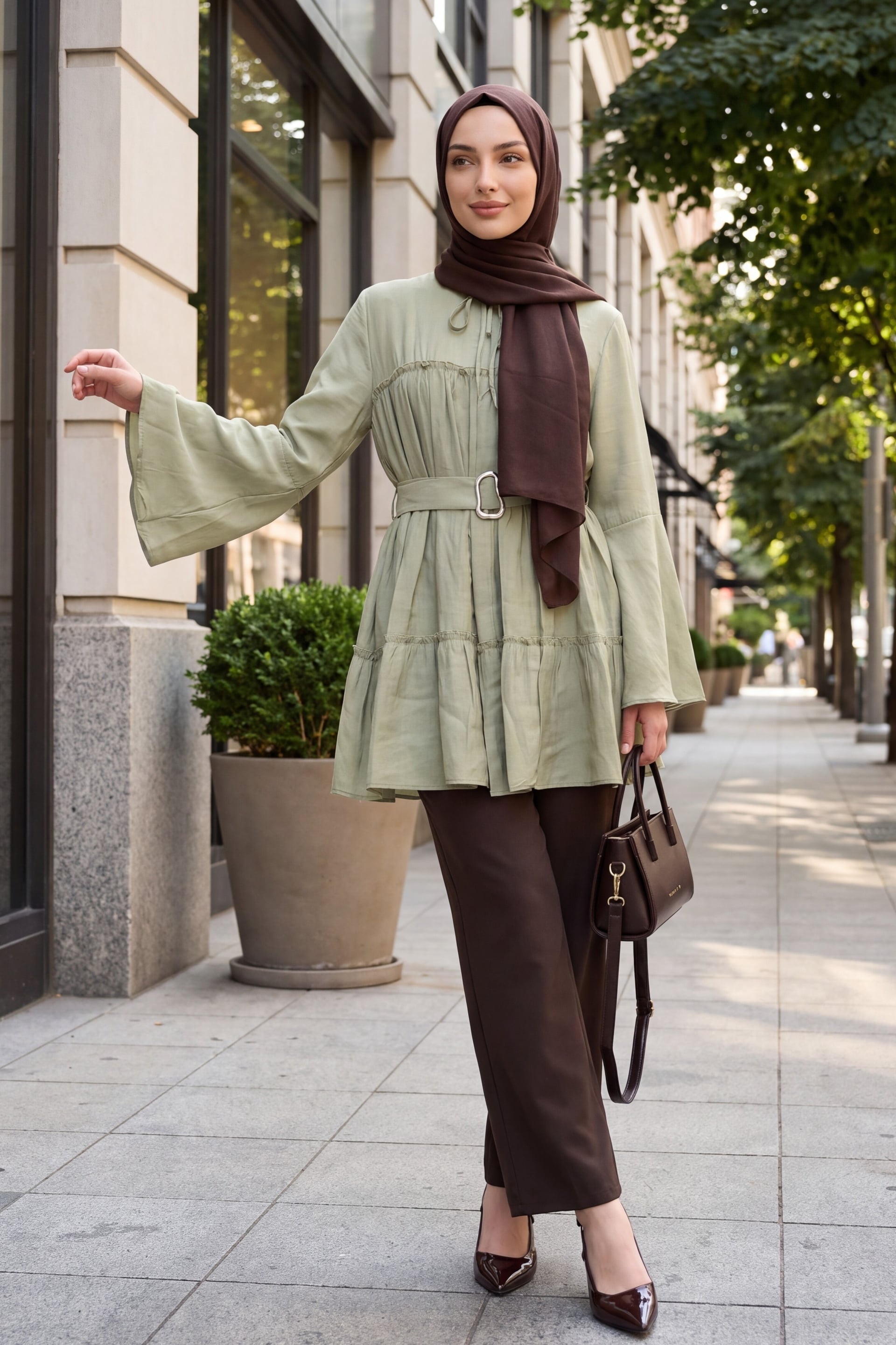 Tie-Neck Belted Spanish Sleeve Cupro Tunic in Light Sage Green - Podyumplus - by Peralane - photo 4