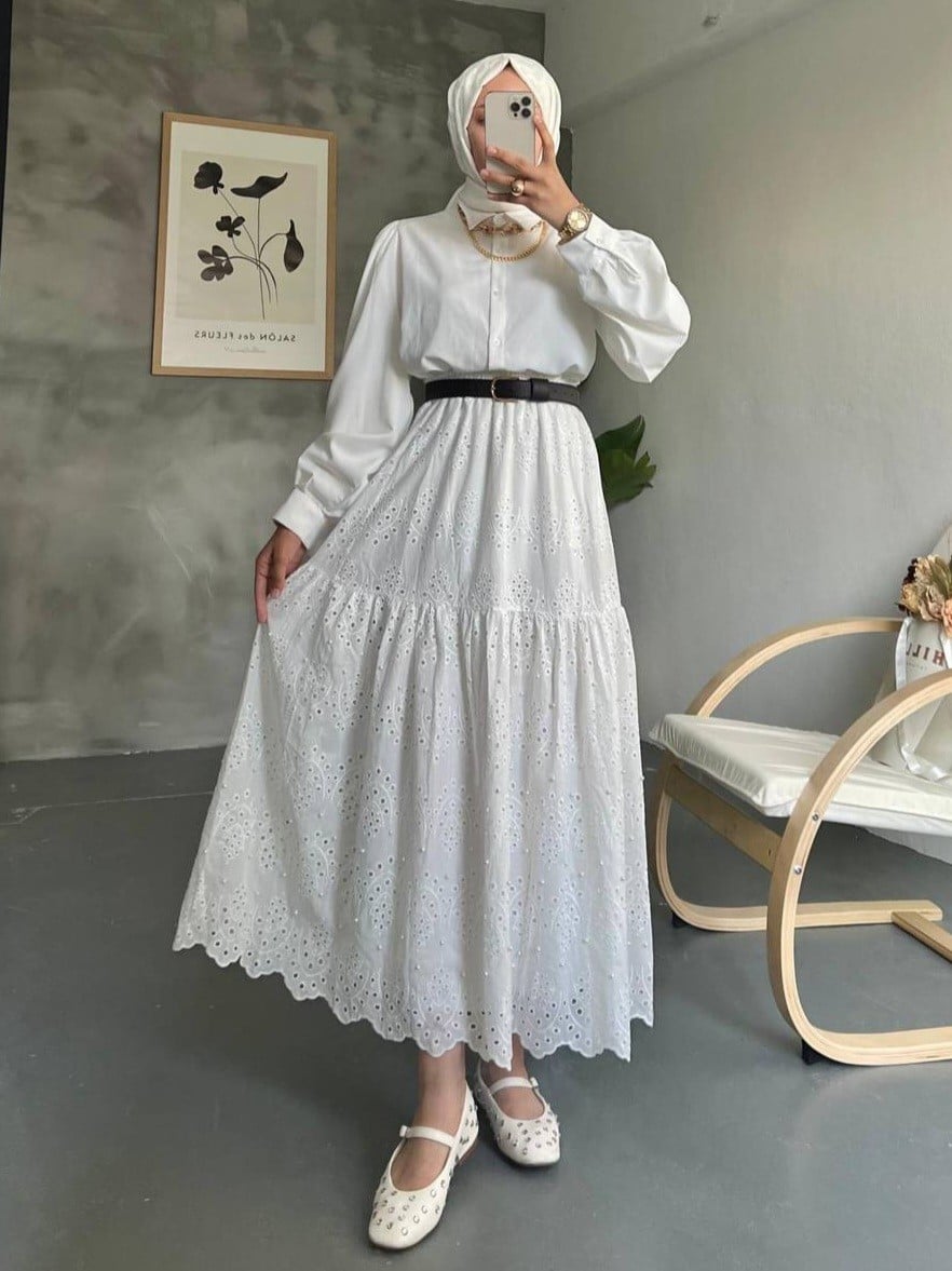 White Pearl Detail Tiered Skirt with Elastic Waist - Podyumplus - by Peralane - photo 3