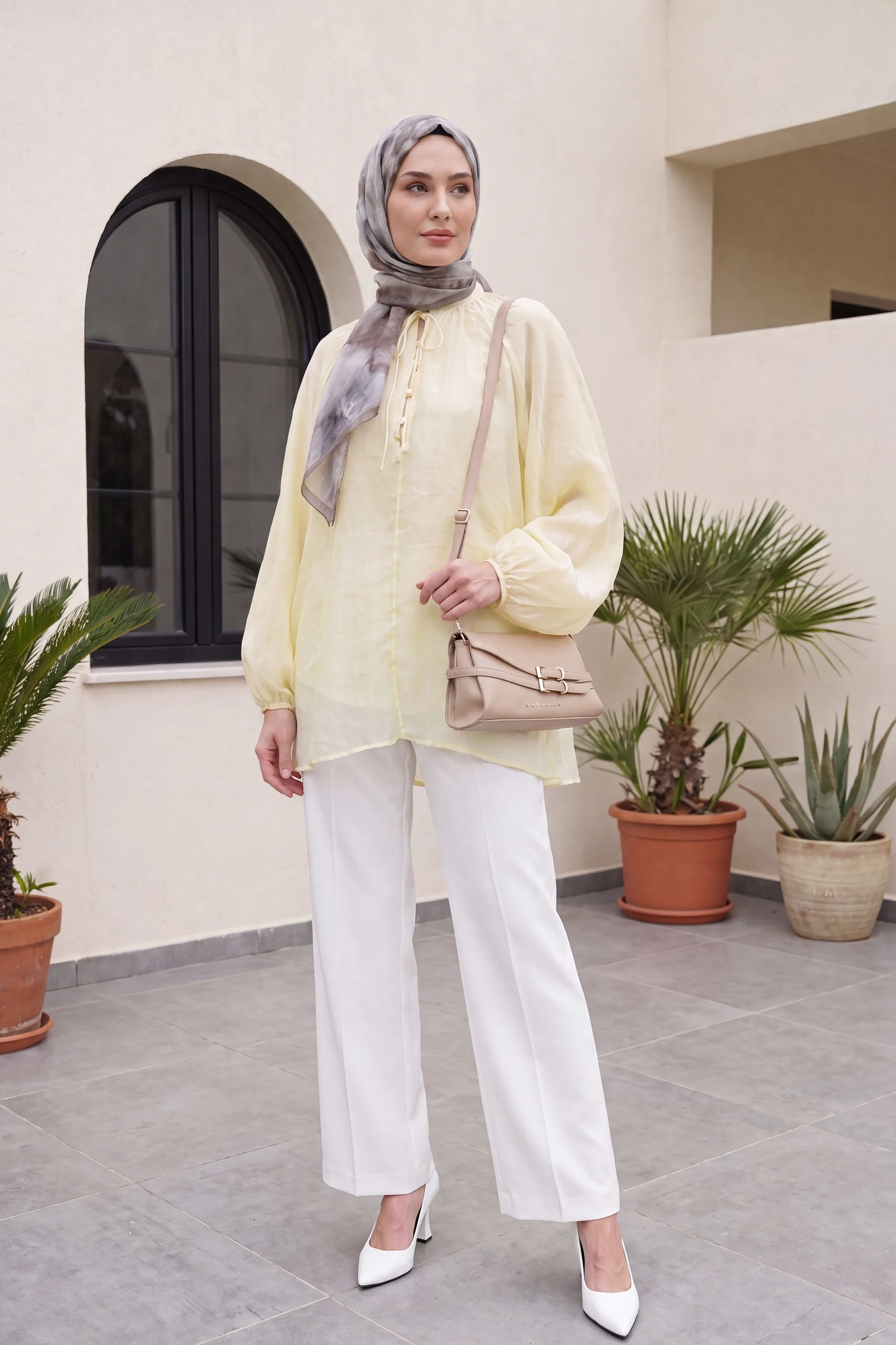 Women's Oversize Tie-Neck Half-Button Lined Tulle Voile Blouse - Light Yellow - Podyumplus - by Peralane - photo 5