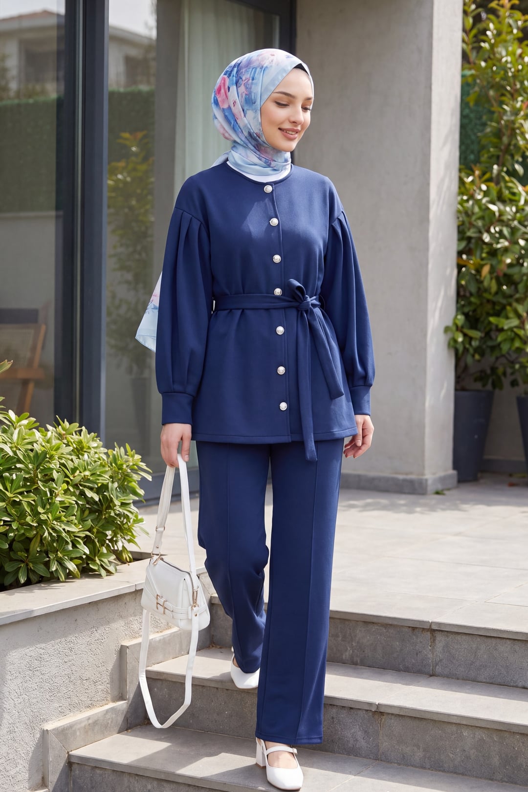 Navy Blue Belted Button-Front Scuba Trousers Set - Podyumplus - by Peralane - photo 5