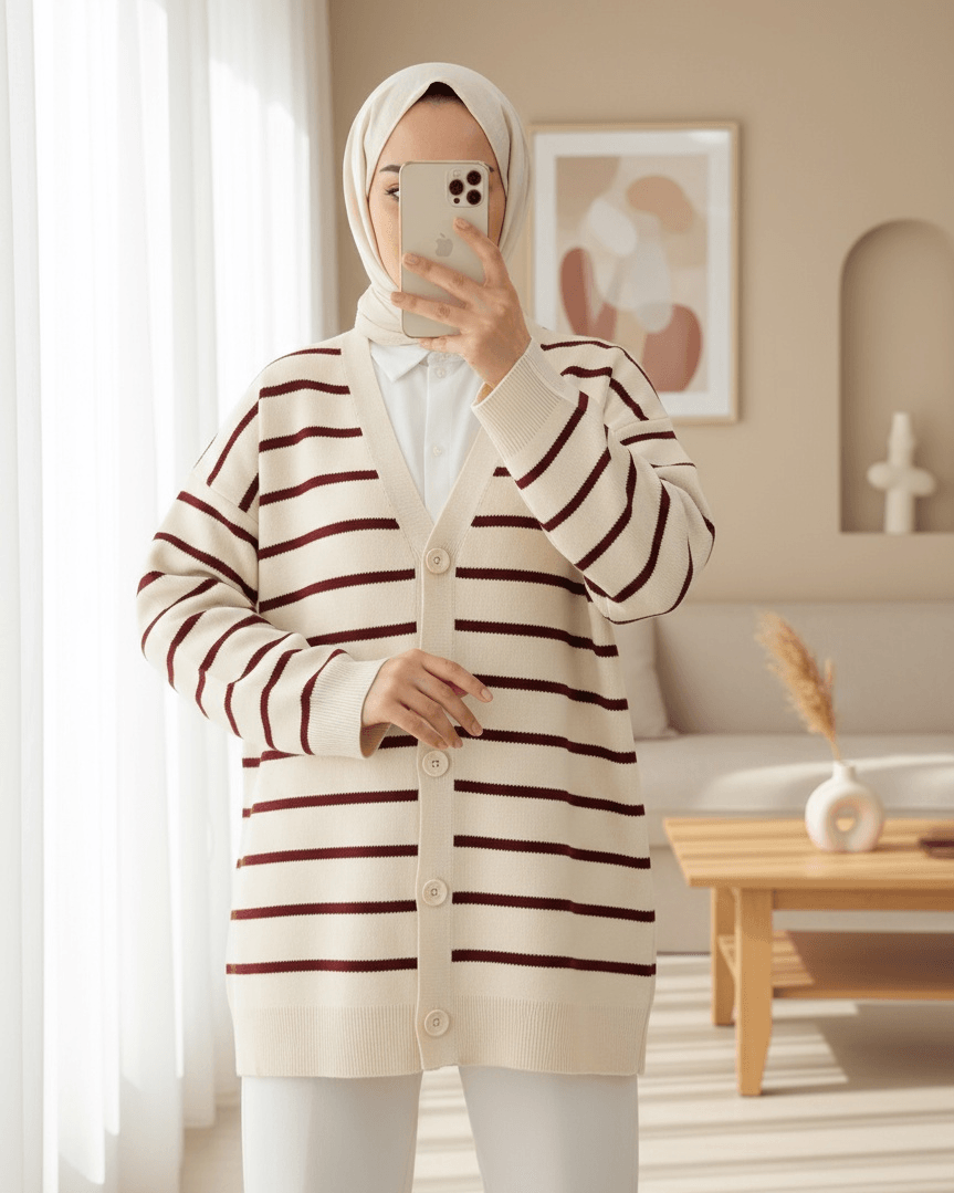 Striped Button-Front V-Neck Knit Cardigan - Beige - Podyumplus - by Peralane - photo 2
