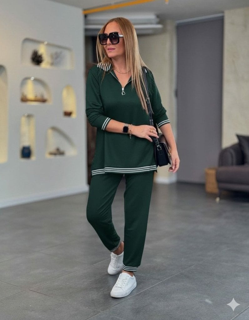 Women's Long Sleeve Zip-Up Striped Detail Two-Piece Lounge Set - Janes - by Peralane - photo 2