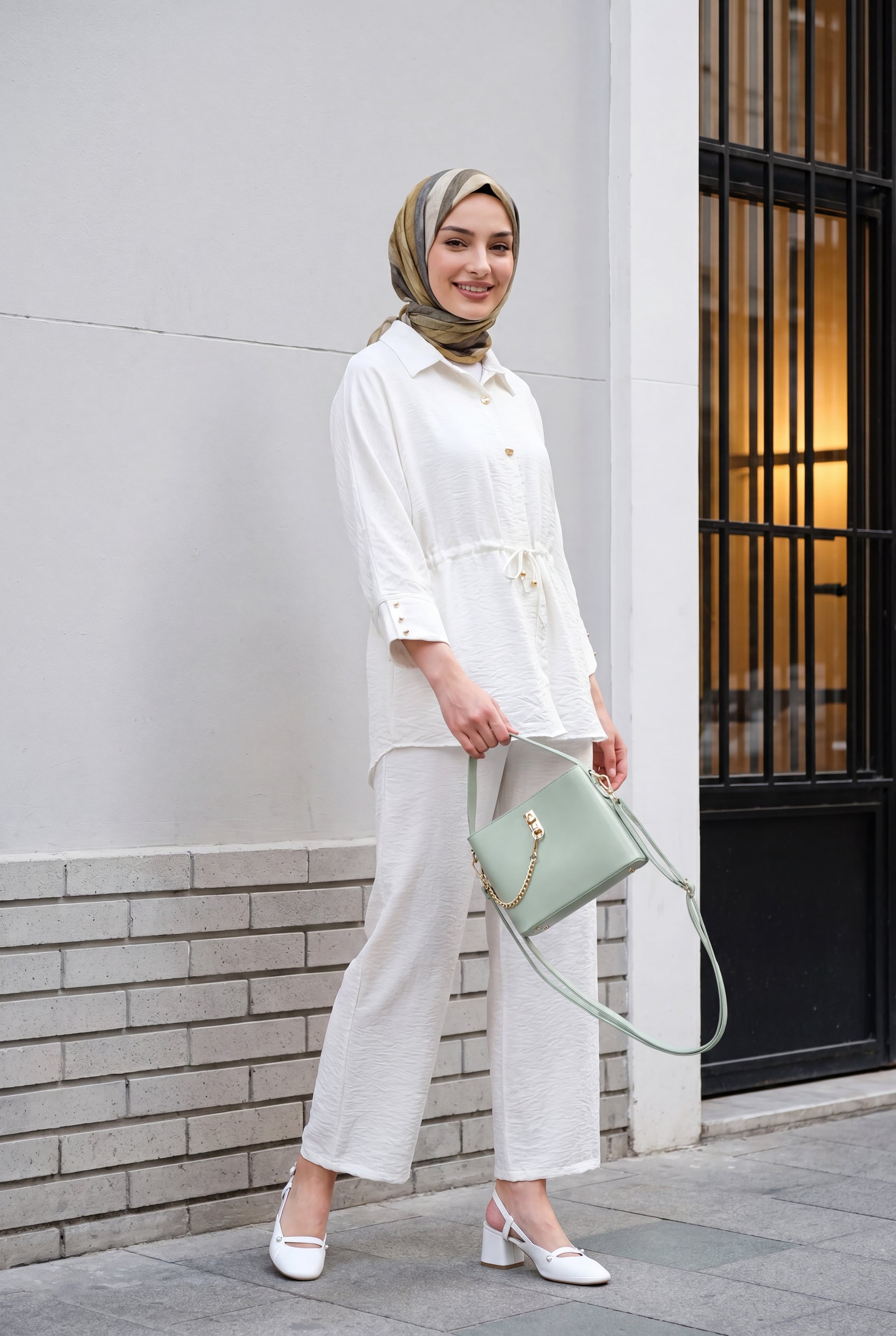 Cotton Crinkle Two-Piece Set with Drawstring Waist Pants - Ecru - Podyumplus - by Peralane - photo 3