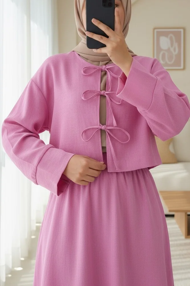 Women's Two-Piece Linen Look Tie-Front Jacket and Skirt Set - Pink - Podyumplus - by Peralane - photo 5