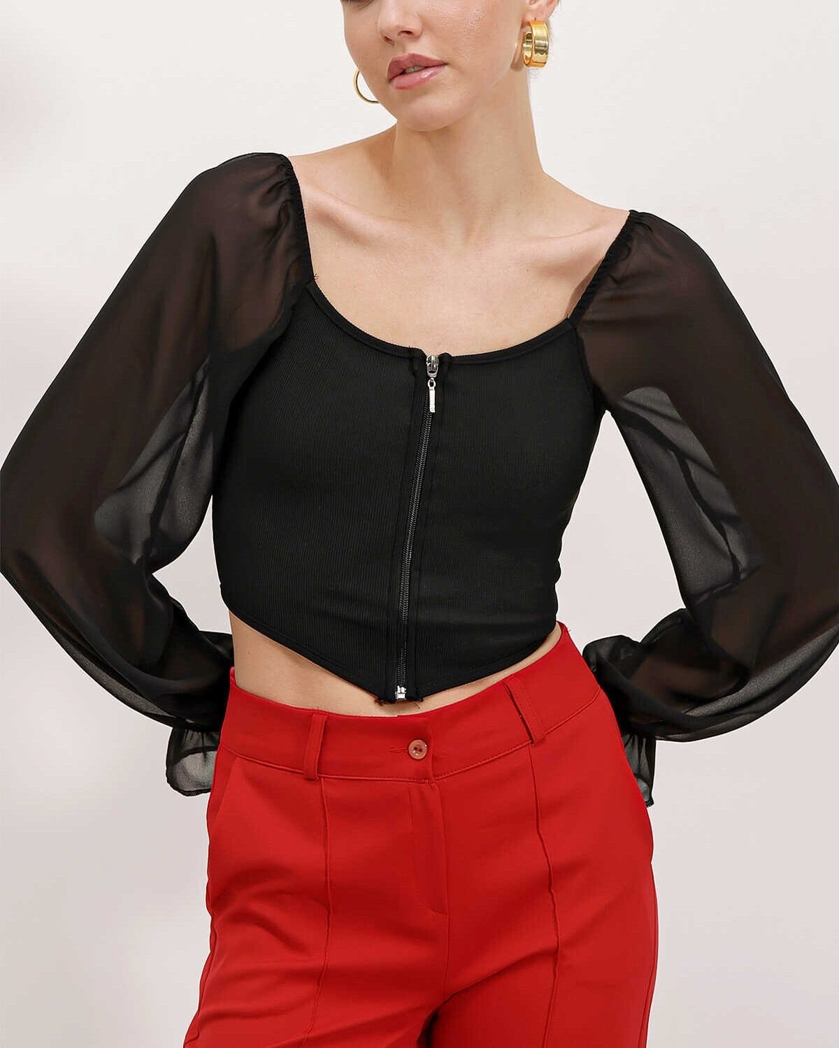 Women's Black Zip-Front Sheer Sleeve Blouse 0496 - Bigdart - by Peralane