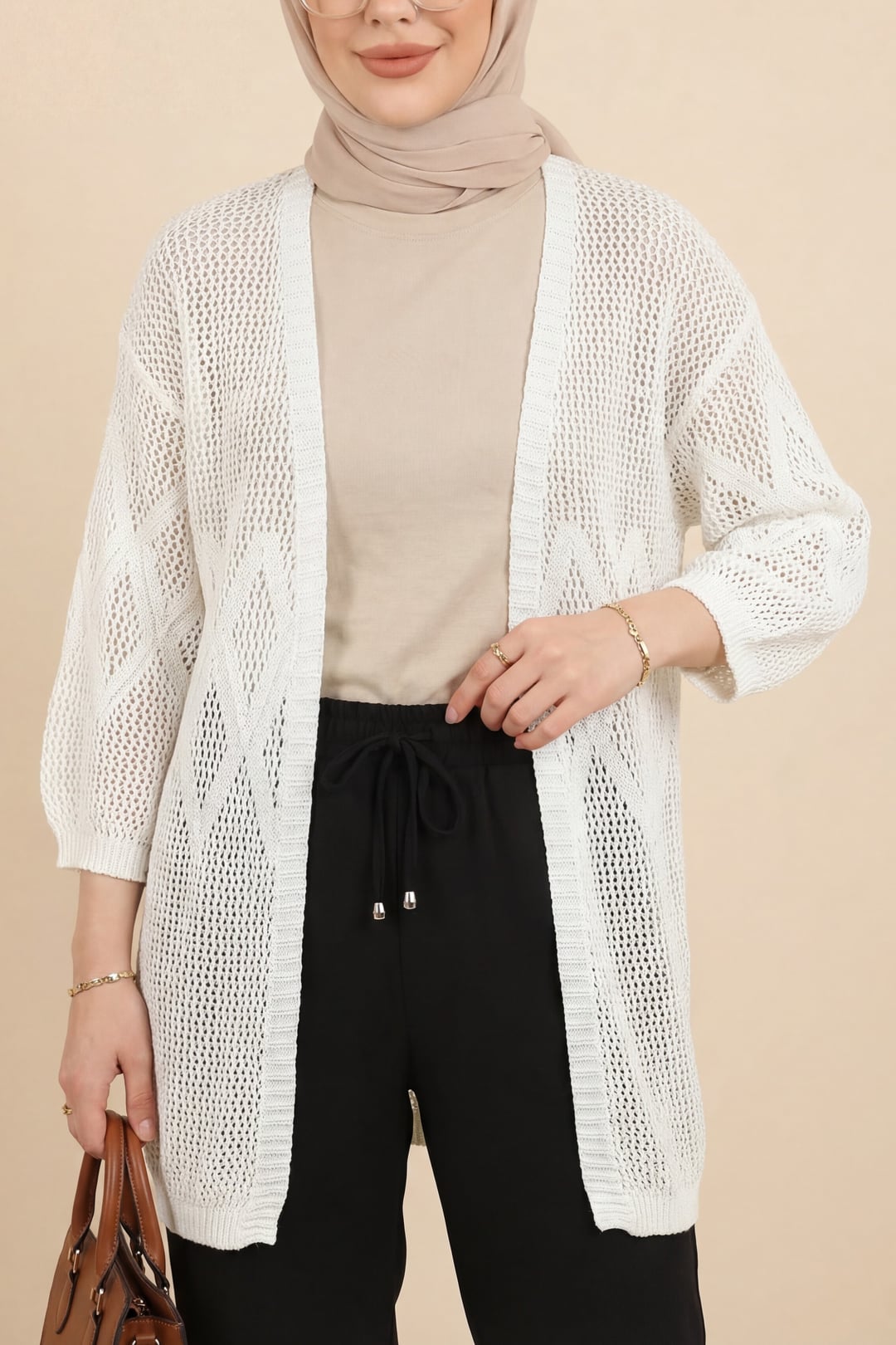 Baklava Patterned Openwork Knit Cardigan - White - Podyumplus - by Peralane - photo 3