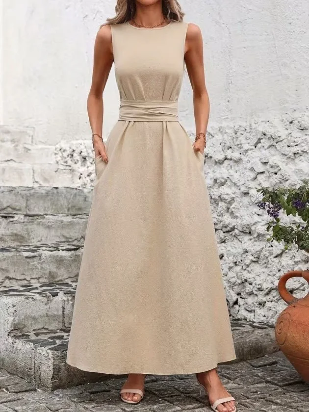 Women's Sleeveless Midi Dress with Tie Waist - Beige Linen Blend - Janes - by Peralane - photo 2