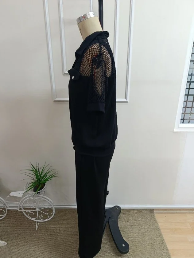 Women's Short Sleeve Collared Button Front Mesh Detail Modal Jacket and Wide Leg Trousers Set in Black - Janes - by Peralane - photo 6