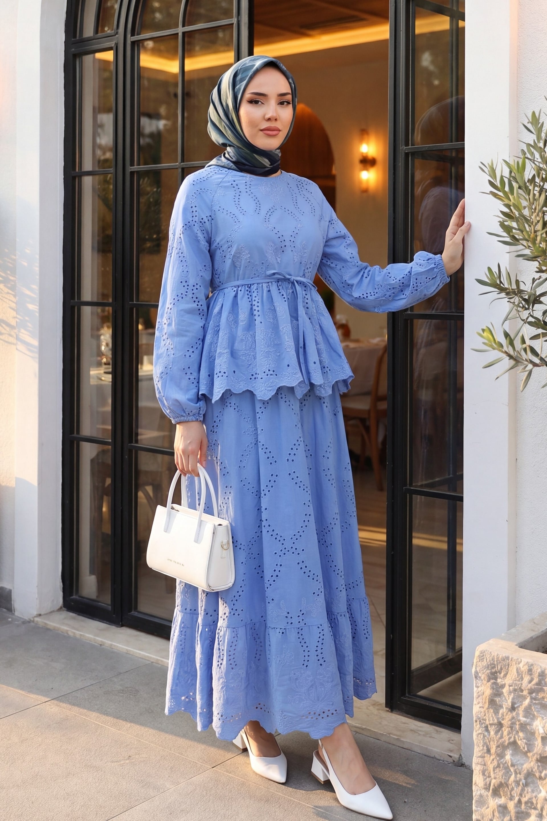 Light Blue Two-Piece Set with Eyelet Embroidery and Tie Waist - Podyumplus - by Peralane