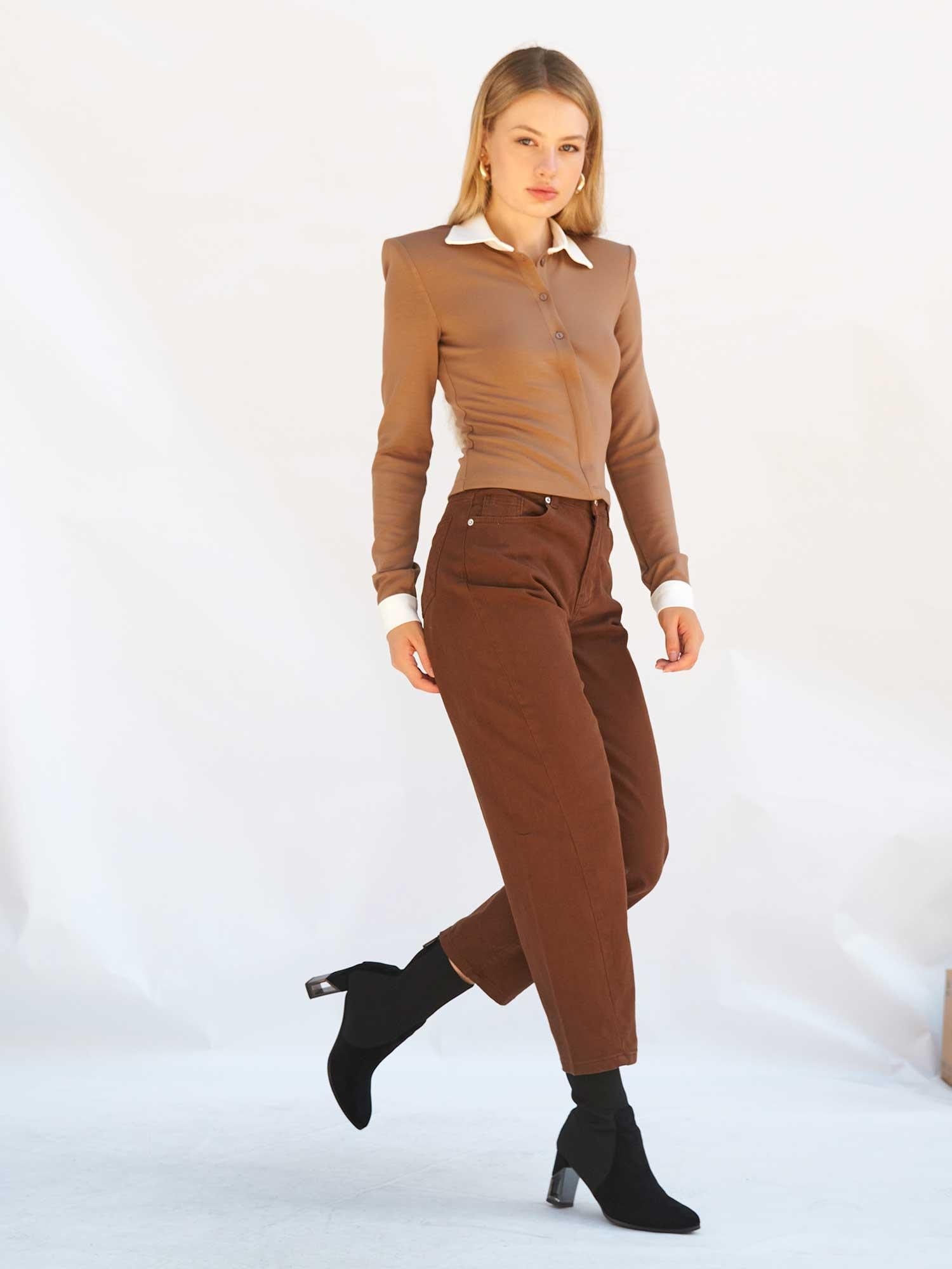 Brown Straight-Leg Gabardine Trousers with Matching Top Set - Lefon - by Peralane - photo 9