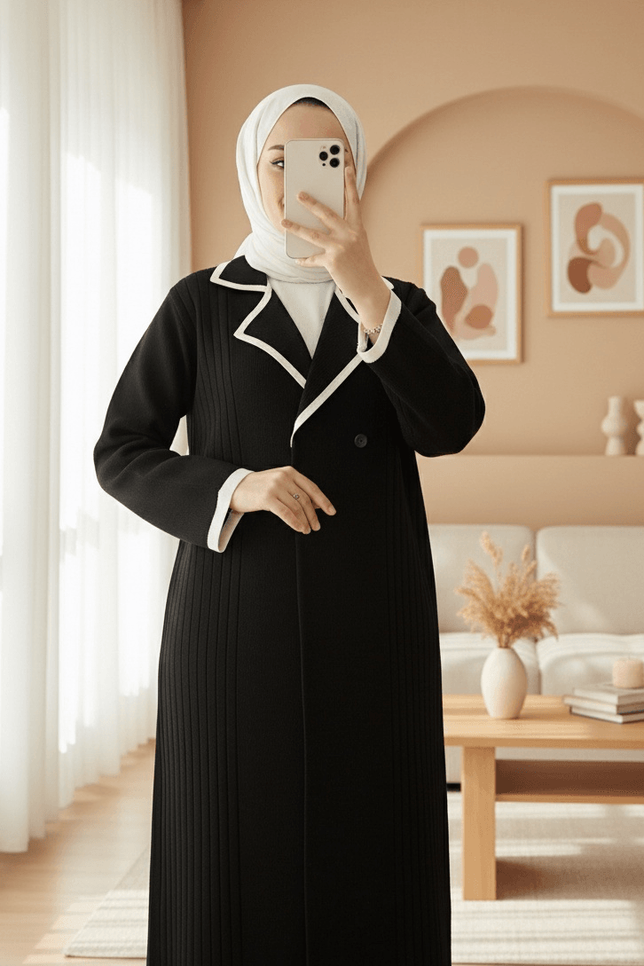 Long Knit Cardigan with Snap Front and Pockets - Black - Podyumplus - by Peralane