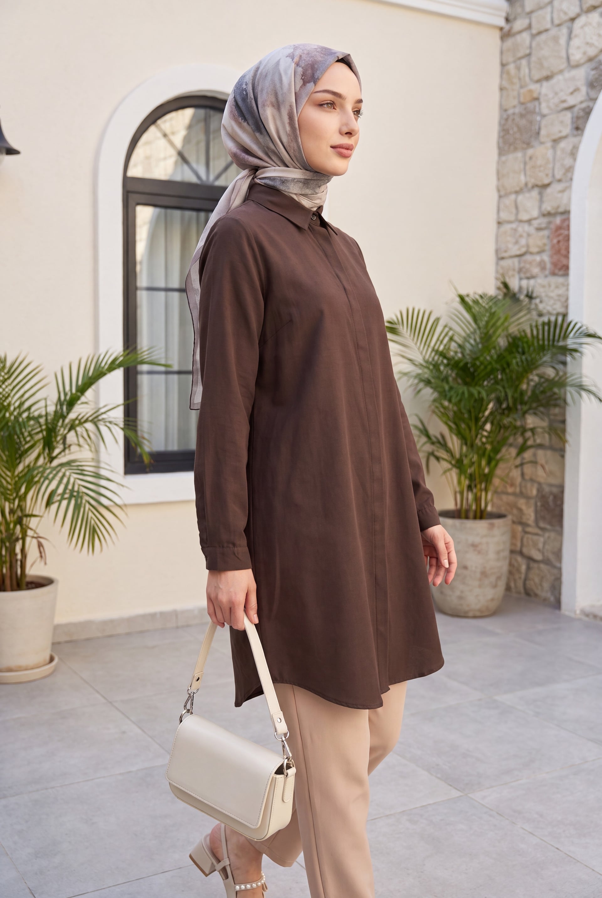 Oval Cut Long Shirt with Hidden Buttons - Brown - Podyumplus - by Peralane - photo 4
