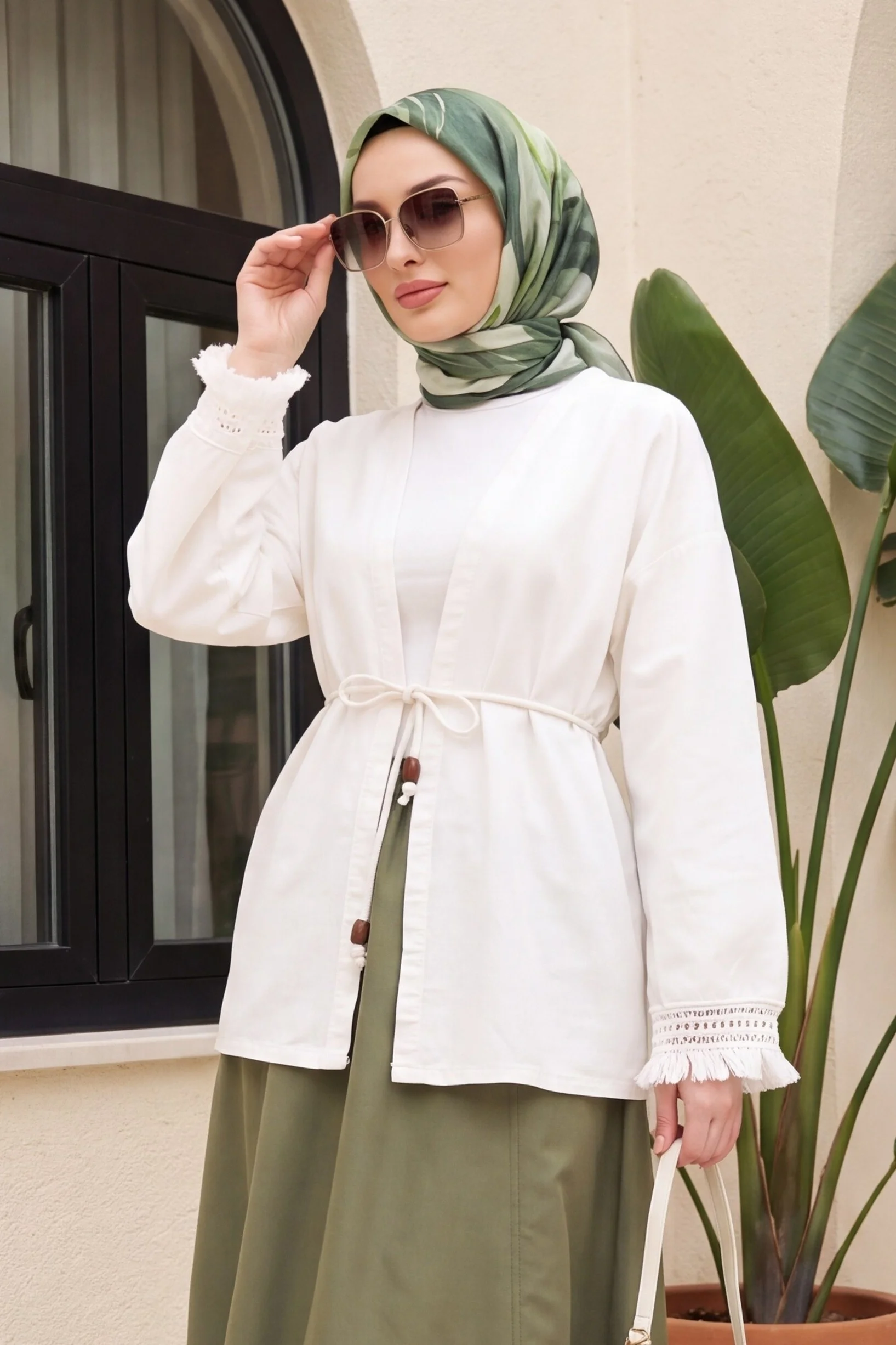 Fringed Sleeve Belted Linen Kimono Cardigan - Ecru - Podyumplus - by Peralane - photo 2