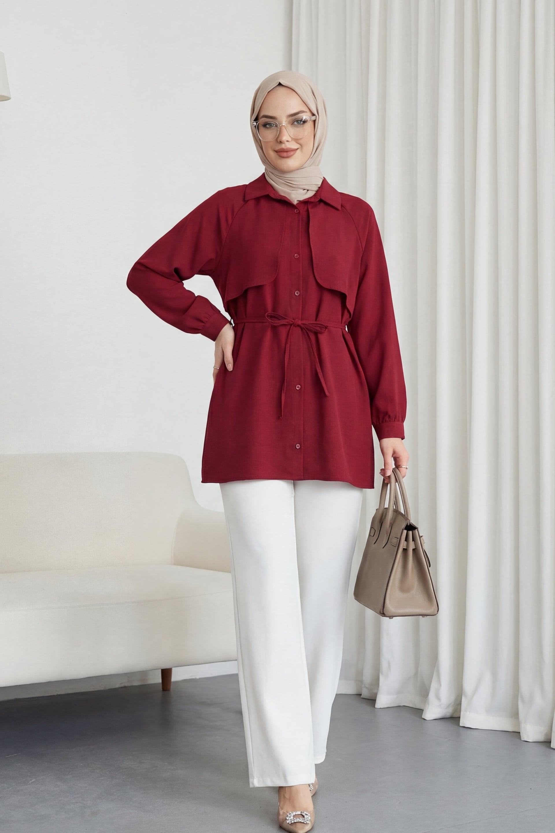 Bolero Detail Laced Poplin Tunic - Bordeaux - Podyumplus - by Peralane - photo 2