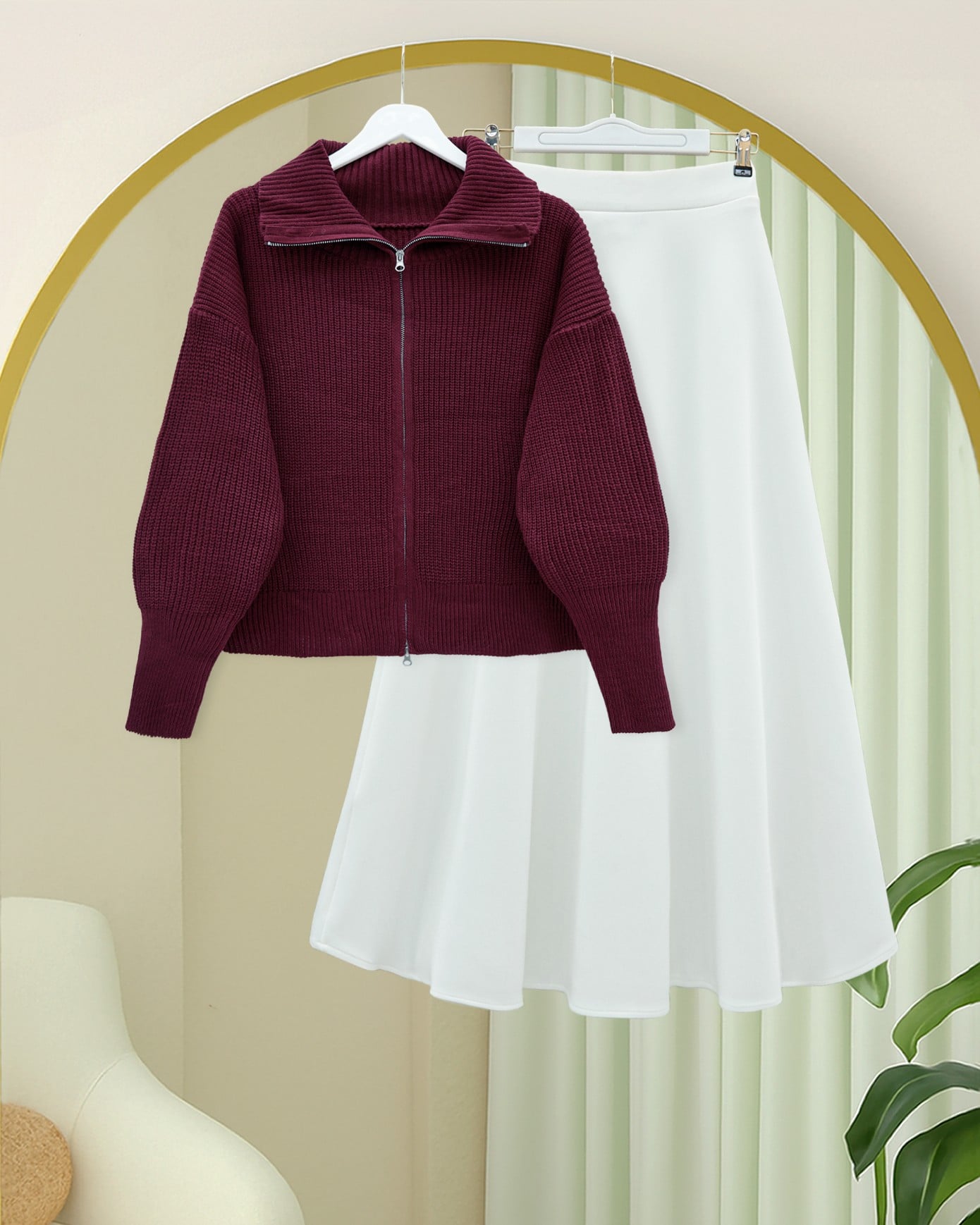 Half-Collar Zip-Up Knit Cardigan - Maroon - Podyumplus - by Peralane - photo 7