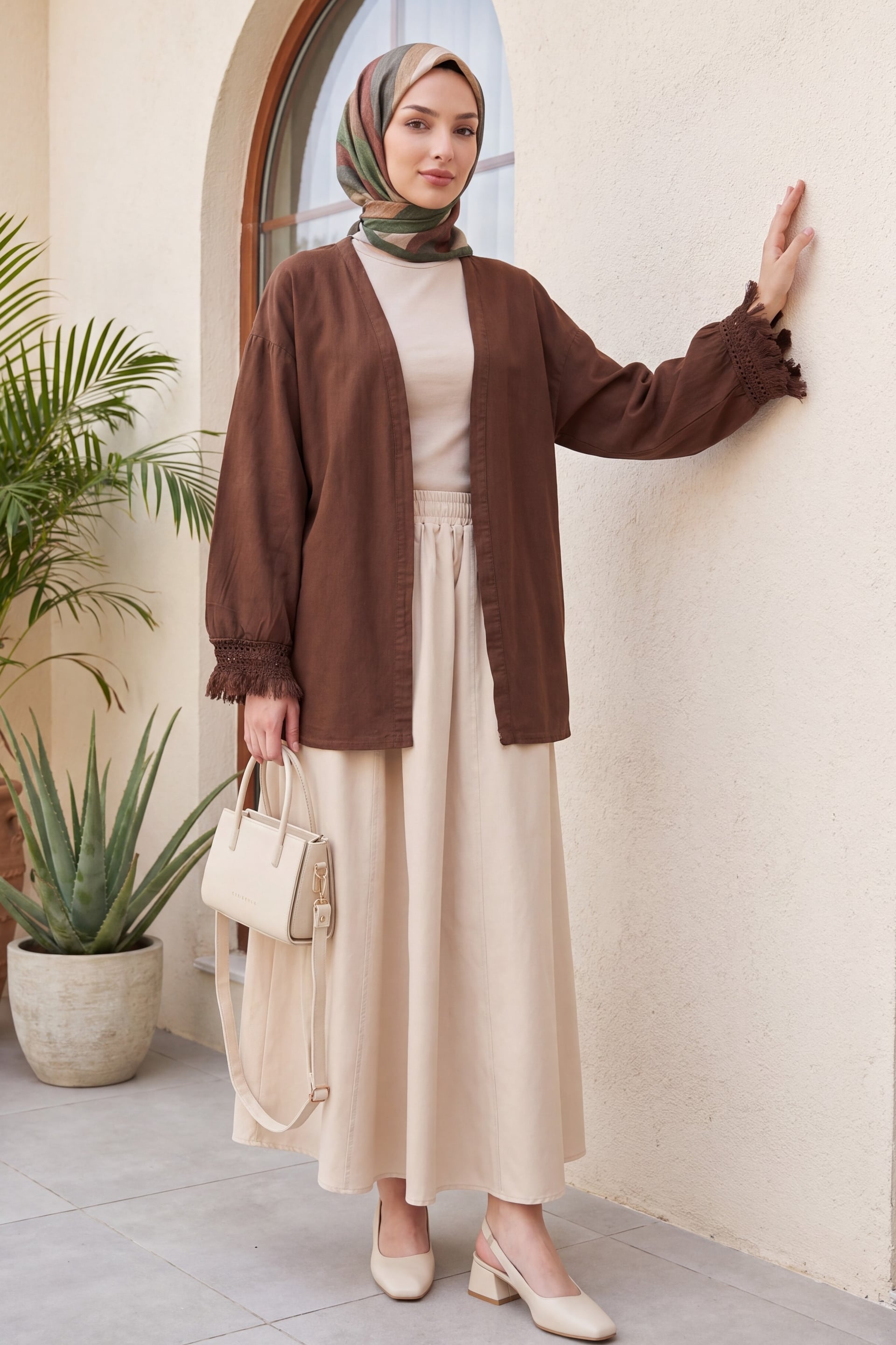 Fringed Belted Linen Kimono - Brown - Podyumplus - by Peralane - photo 3
