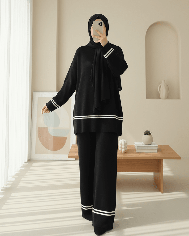Striped Trim Knit Tunic and Pants Set - Black - Podyumplus - by Peralane - photo 2
