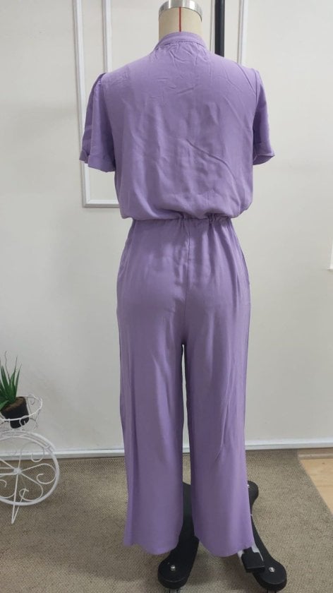 Women's Short Sleeve V-Neck Drawstring Waist Woven Viscose Jumpsuit - Janes - by Peralane - photo 5