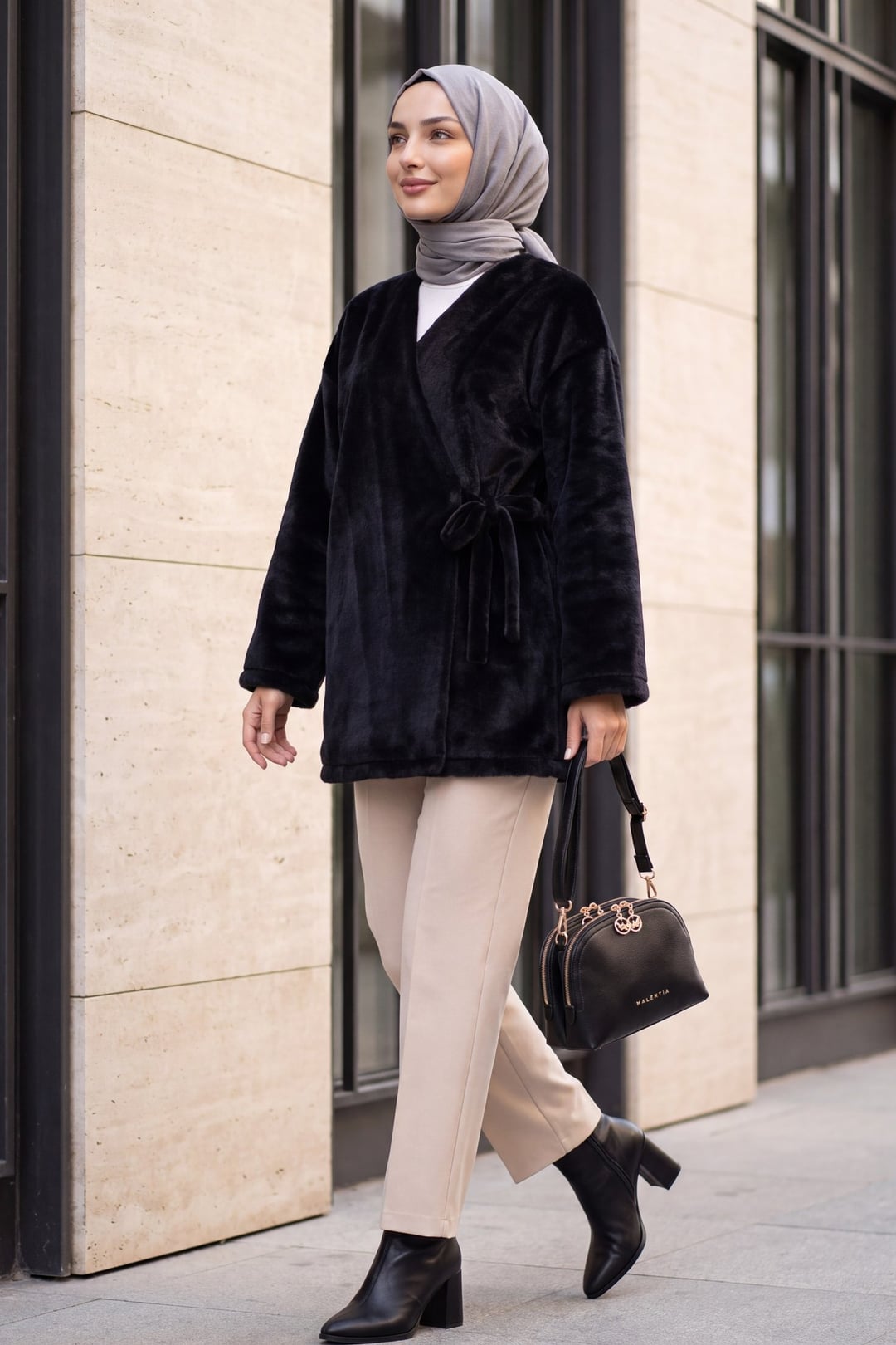 Side-Tie Faux Fur Jacket - Black - Podyumplus - by Peralane - photo 4