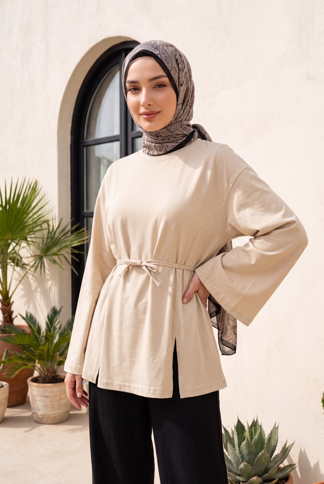Tie-Waist Side-Slit Knit Tunic - Beige - Podyumplus - by Peralane - photo 4