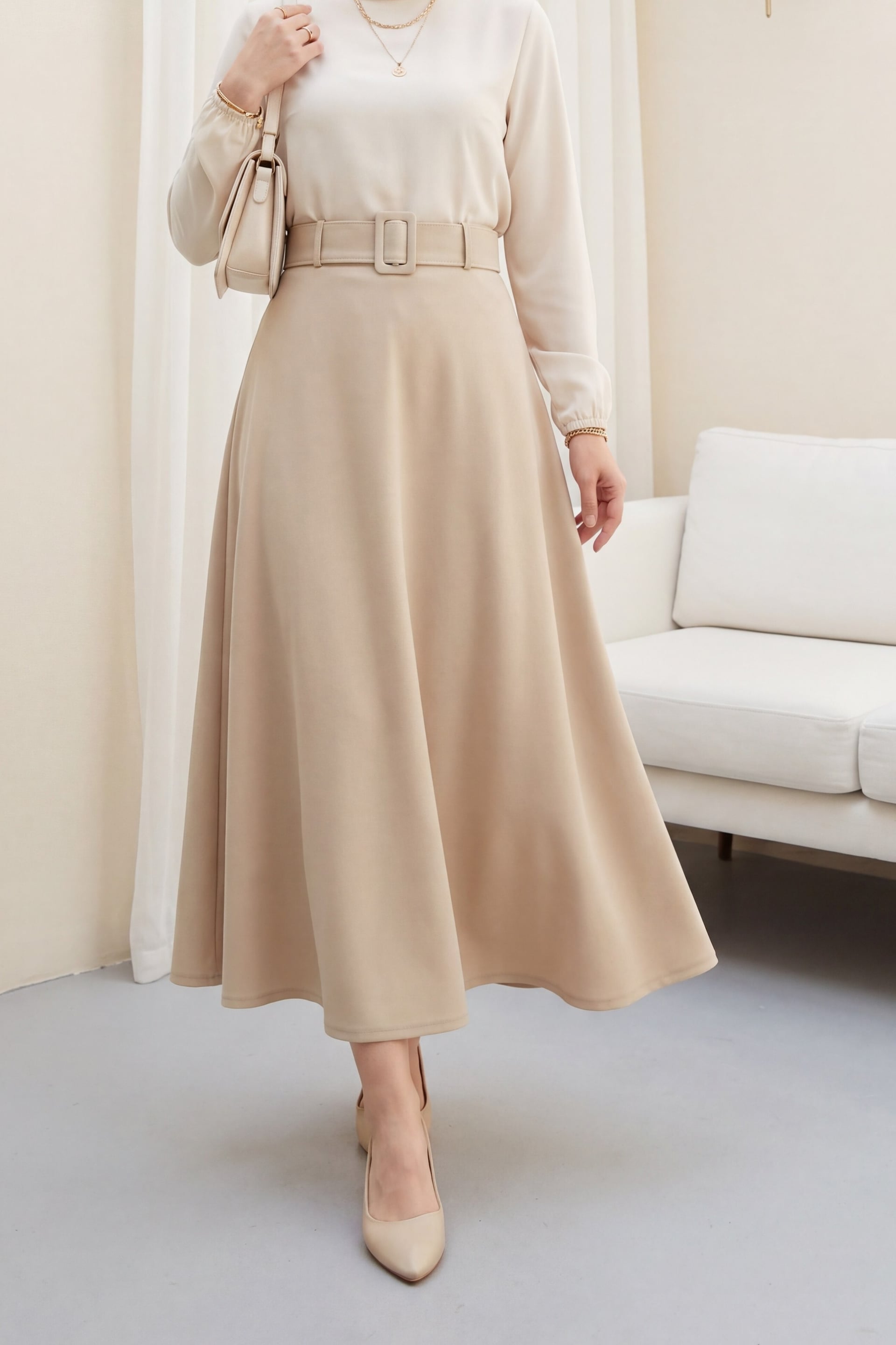 Beige Thick Belted Flared Crepe Skirt - Podyumplus - by Peralane
