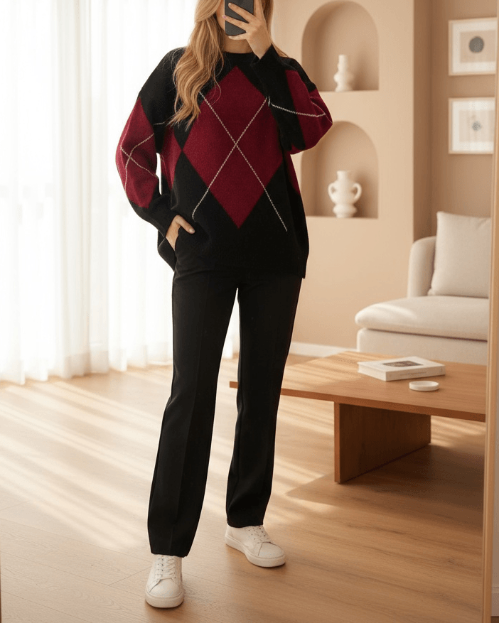 Oversize Argyle Patterned Knit Sweater - Black - Bigdart - by Peralane - photo 5
