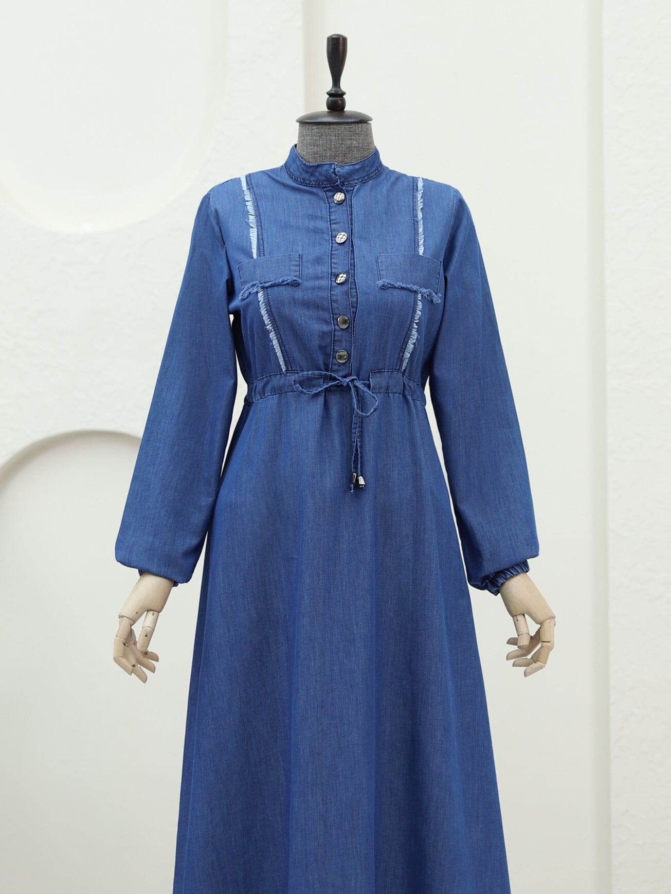 Half Button Frayed Detail Tunnel Lace Denim Dress - Indigo - Podyumplus - by Peralane - photo 4
