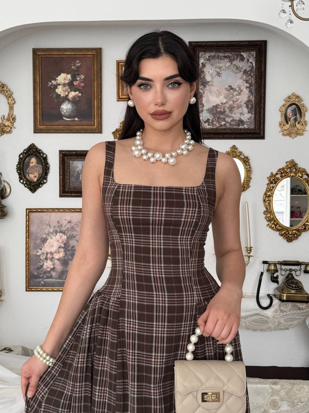 Bess Midi Plaid Dress in Brown - Etika - by Peralane