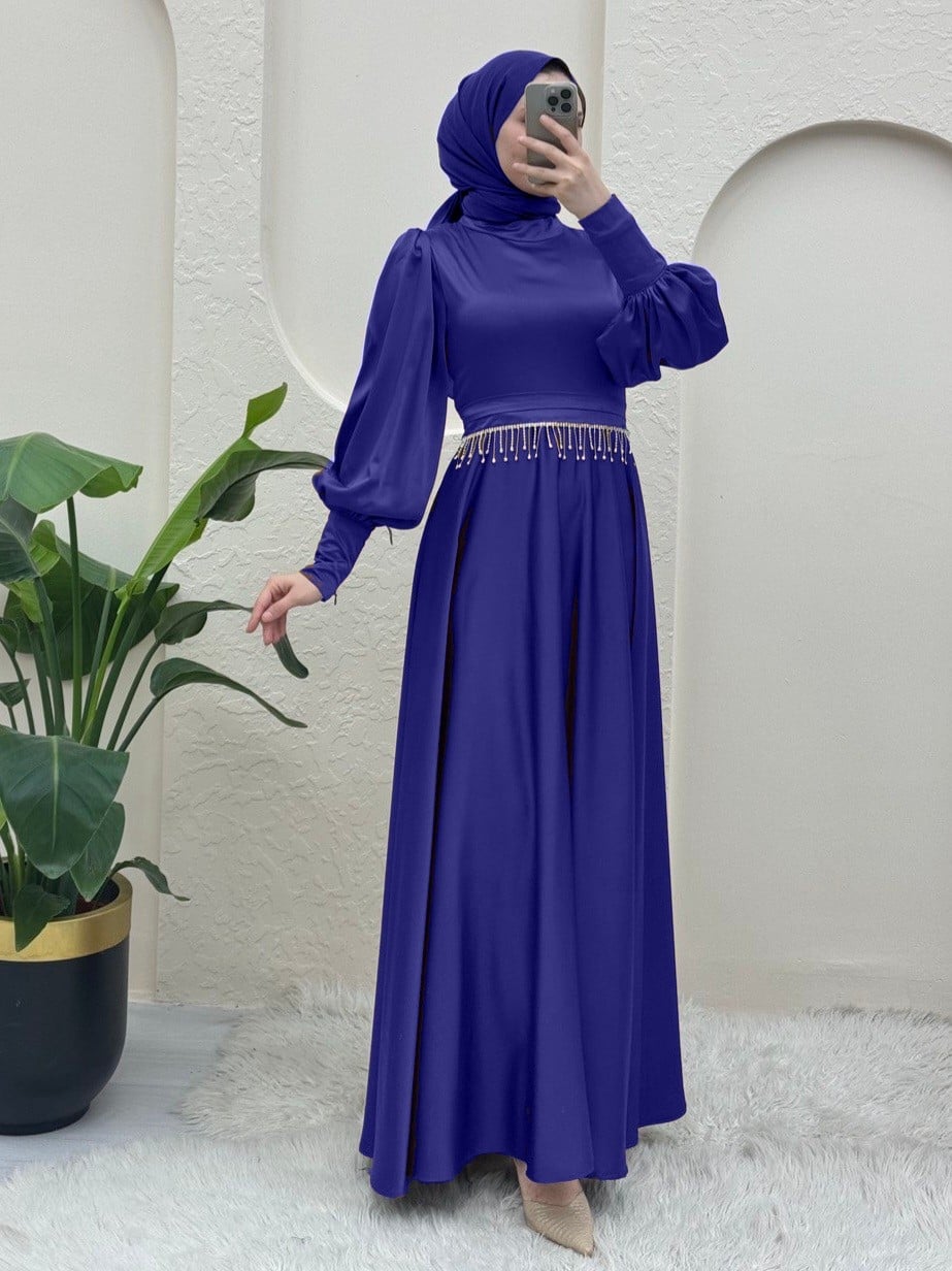Satin Evening Gown with Zipped Cuffs and Beaded Belt - Royal Blue - Podyumplus - by Peralane