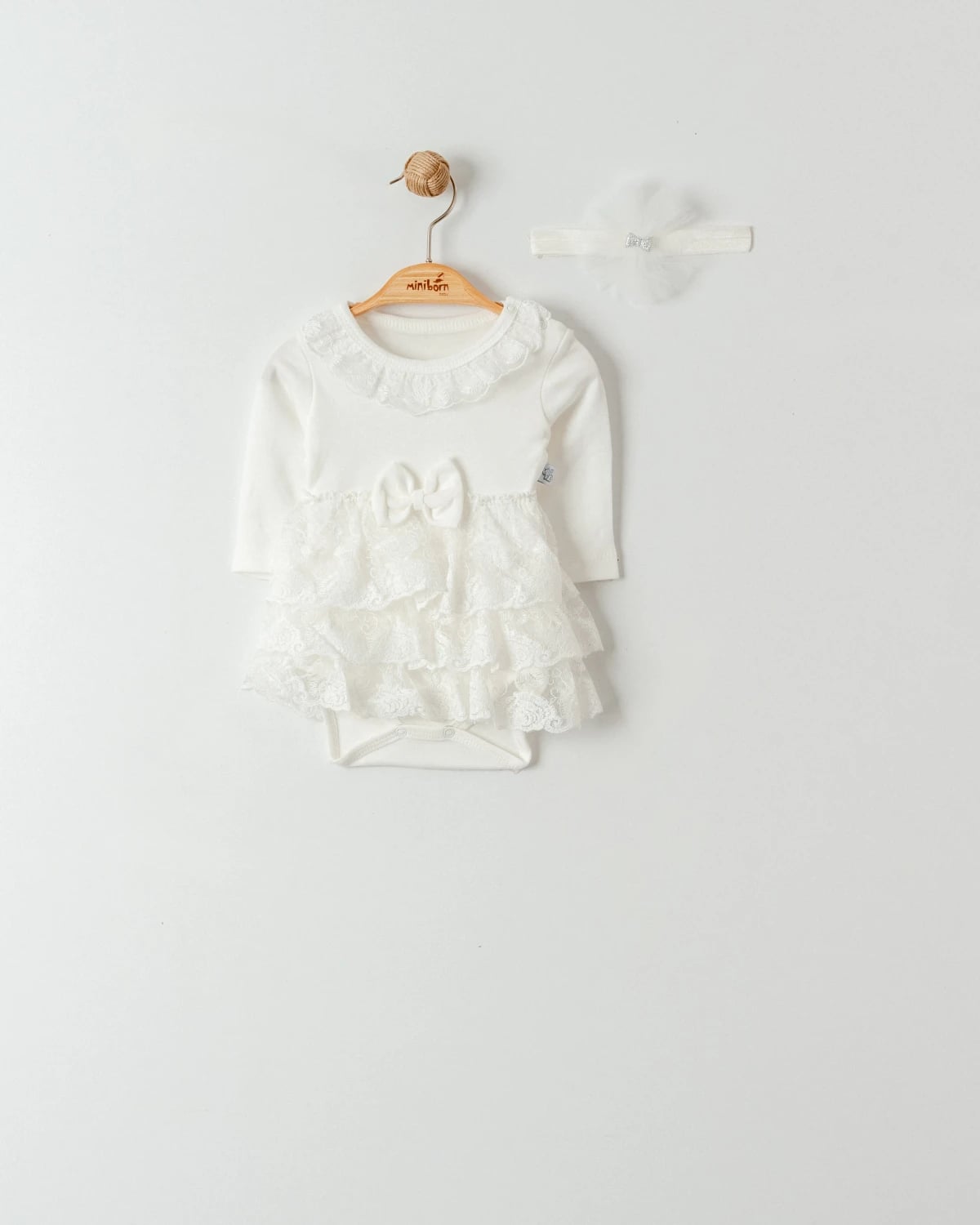 Baby Girl Romper Set with Lace Skirt and Headband - Ecru - Miniborn - by Peralane
