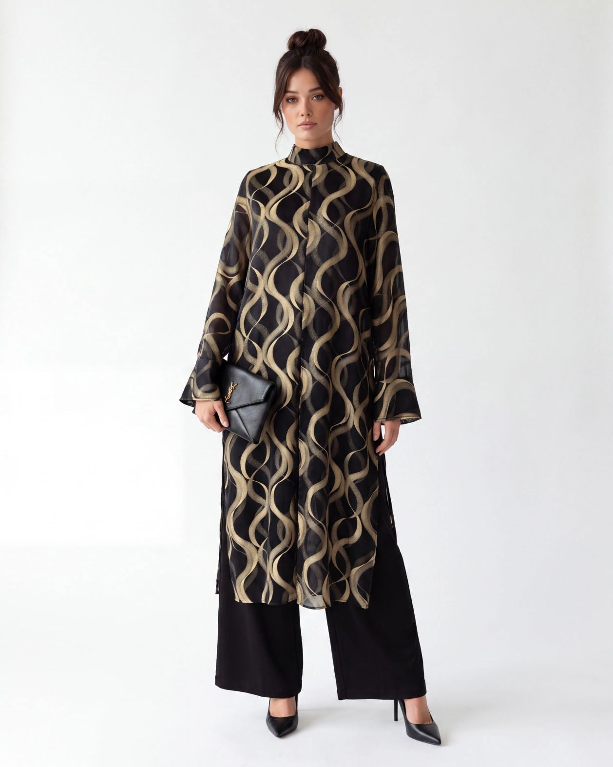 Women's Black Gold Print Flowing Tunic - Fame - by Peralane