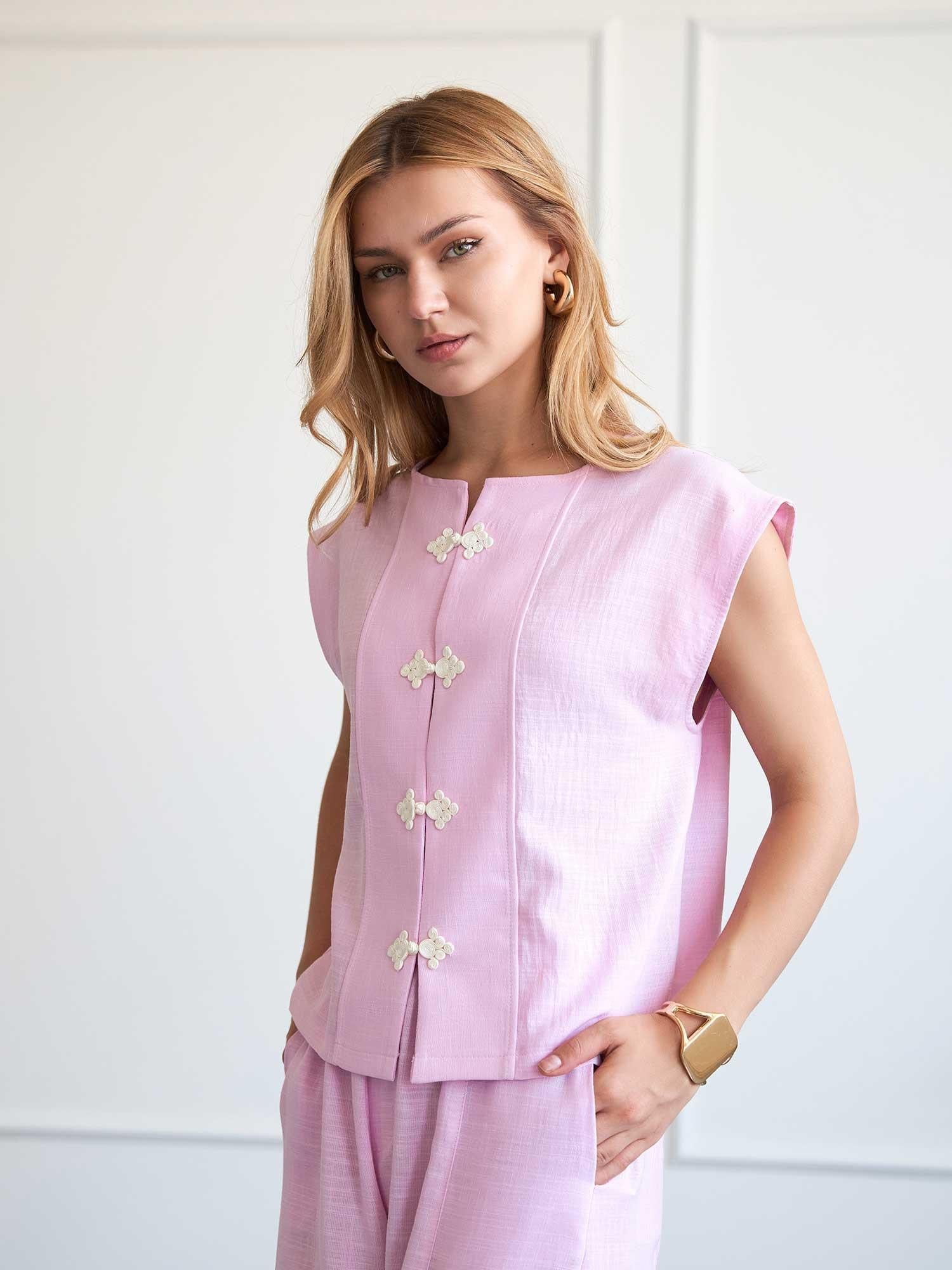 Light Pink Mandarin Collar Linen Blend Two-Piece Set for Women - Lefon - by Peralane - photo 2