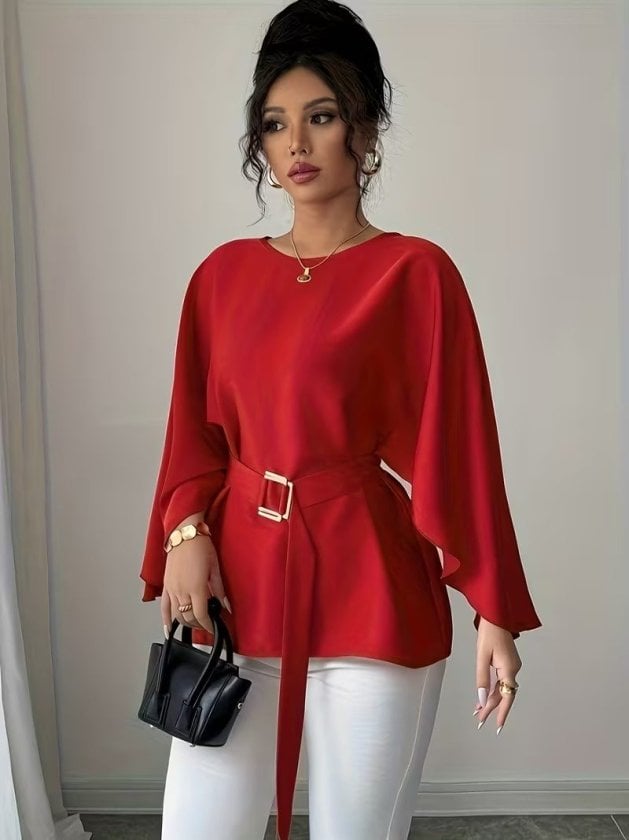 Women's Long Sleeve Round Neck Batwing Sleeve Belted Satin Blouse - Janes - by Peralane - photo 4