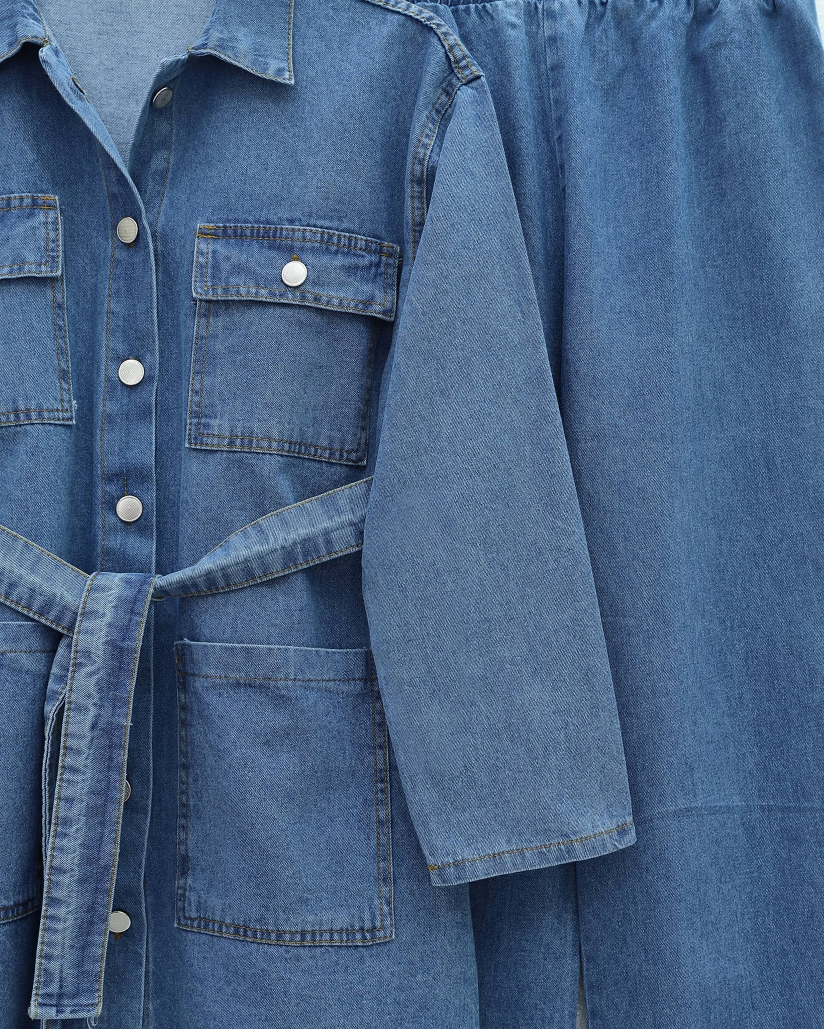 Belted Button-Front Denim Jacket and Wide-Leg Trouser Set in Blue - Podyumplus - by Peralane - photo 4
