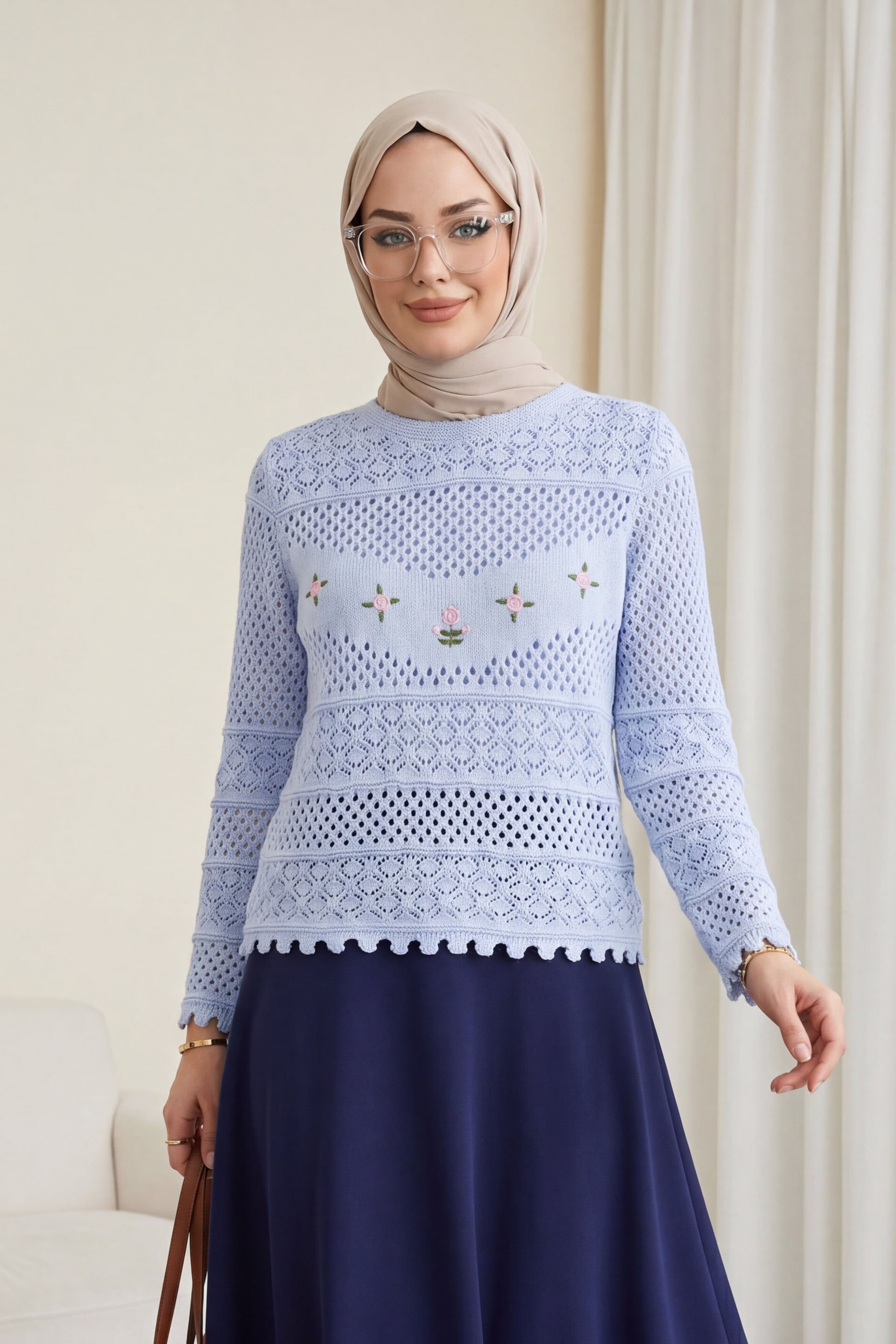 Flower Embroidered Open-Knit Sweater - Baby Blue - Podyumplus - by Peralane