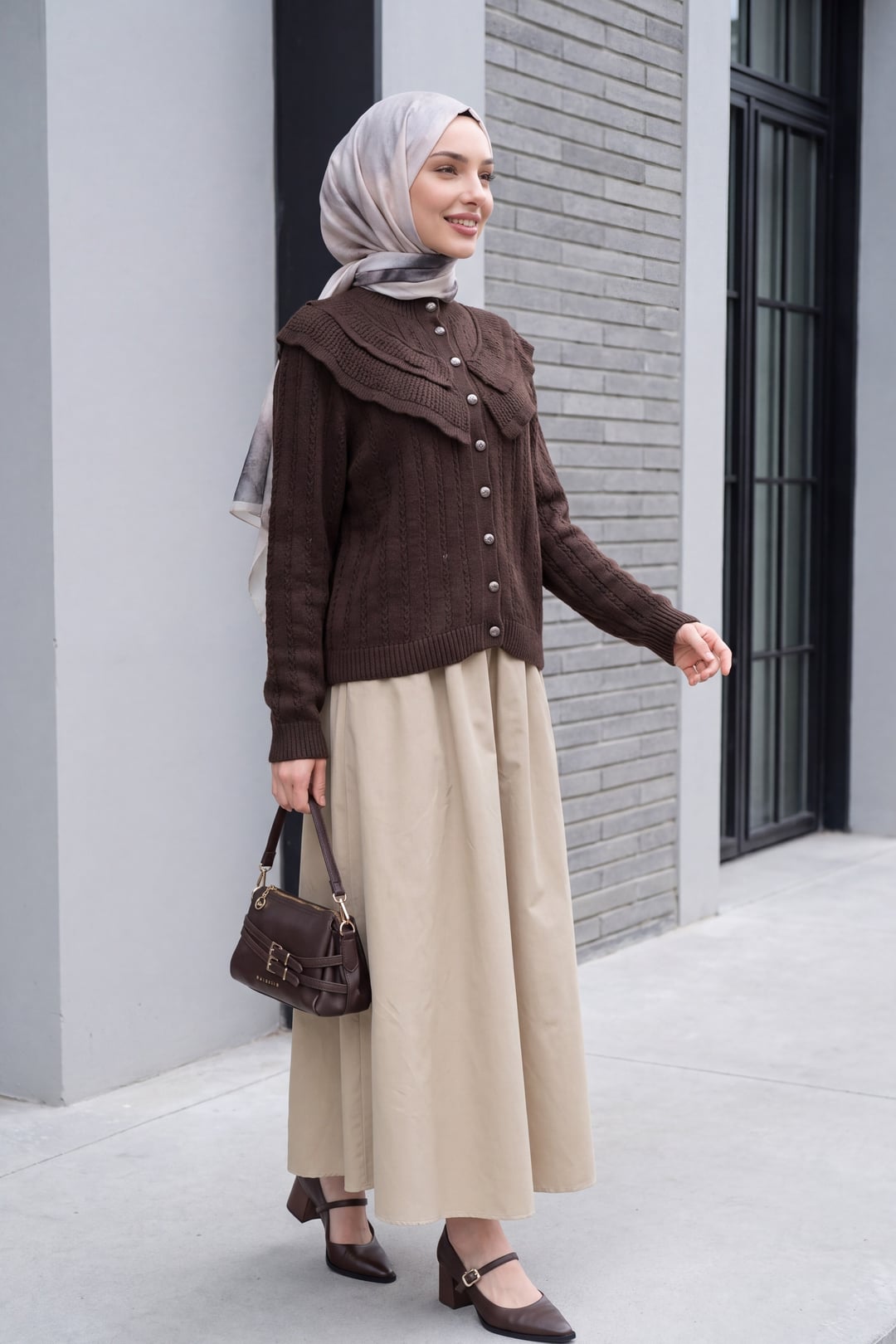 High Neck Ruffle Detail Openwork Buttoned Knit Cardigan - Dark Brown - Podyumplus - by Peralane - photo 3