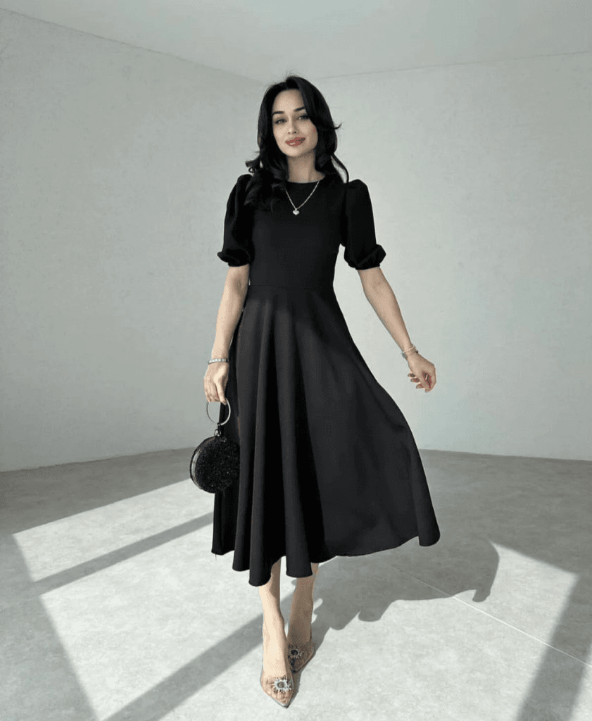 Women's Short Puffed Sleeve Round Neck Wide Fit Crepe Dress - Janes - by Peralane