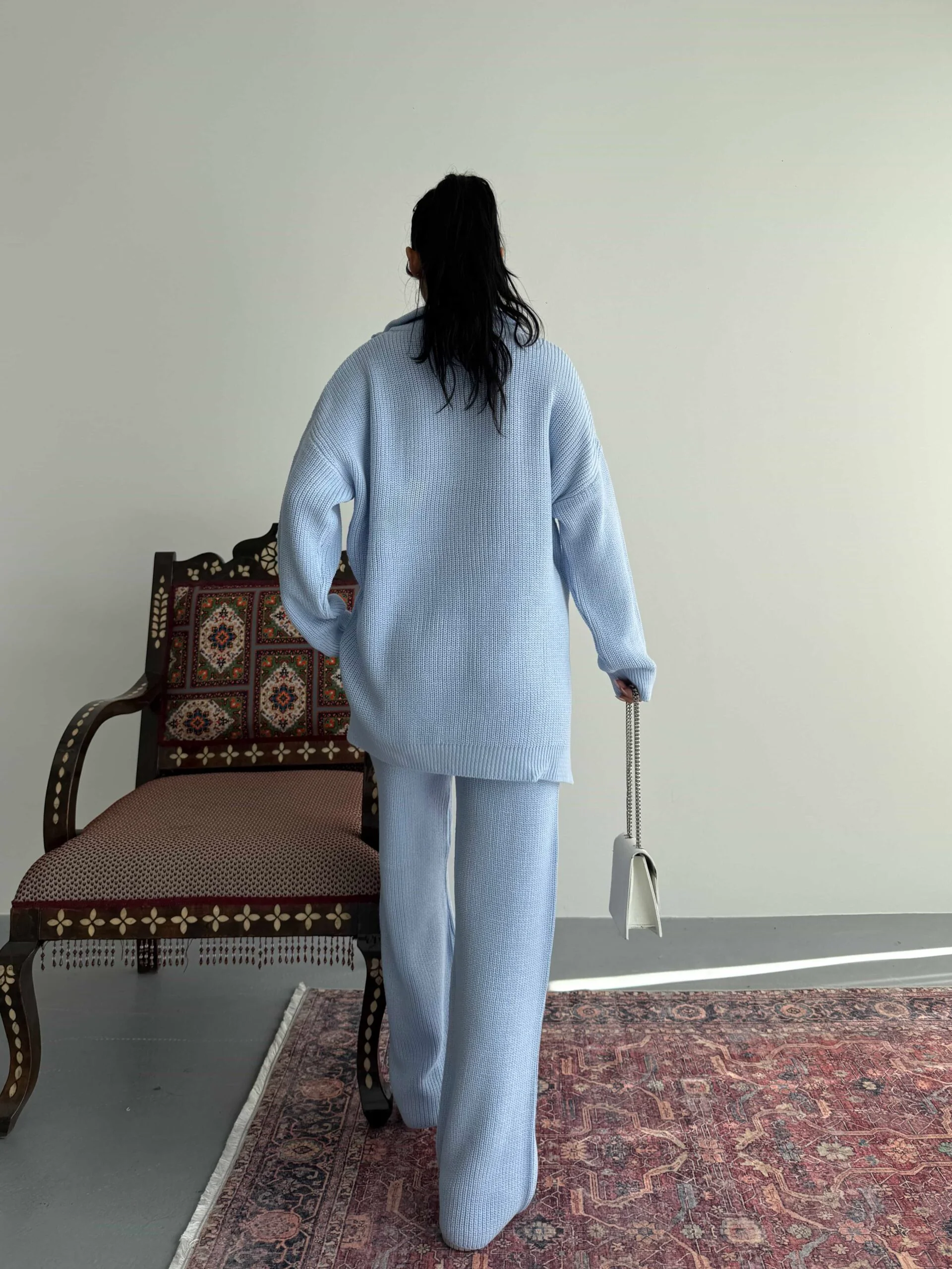 Women's Zip-Up Knit Loungewear Set with Hooded Sweatshirt and Wide-Leg Trousers - Light Blue - My Bee - by Peralane - photo 3