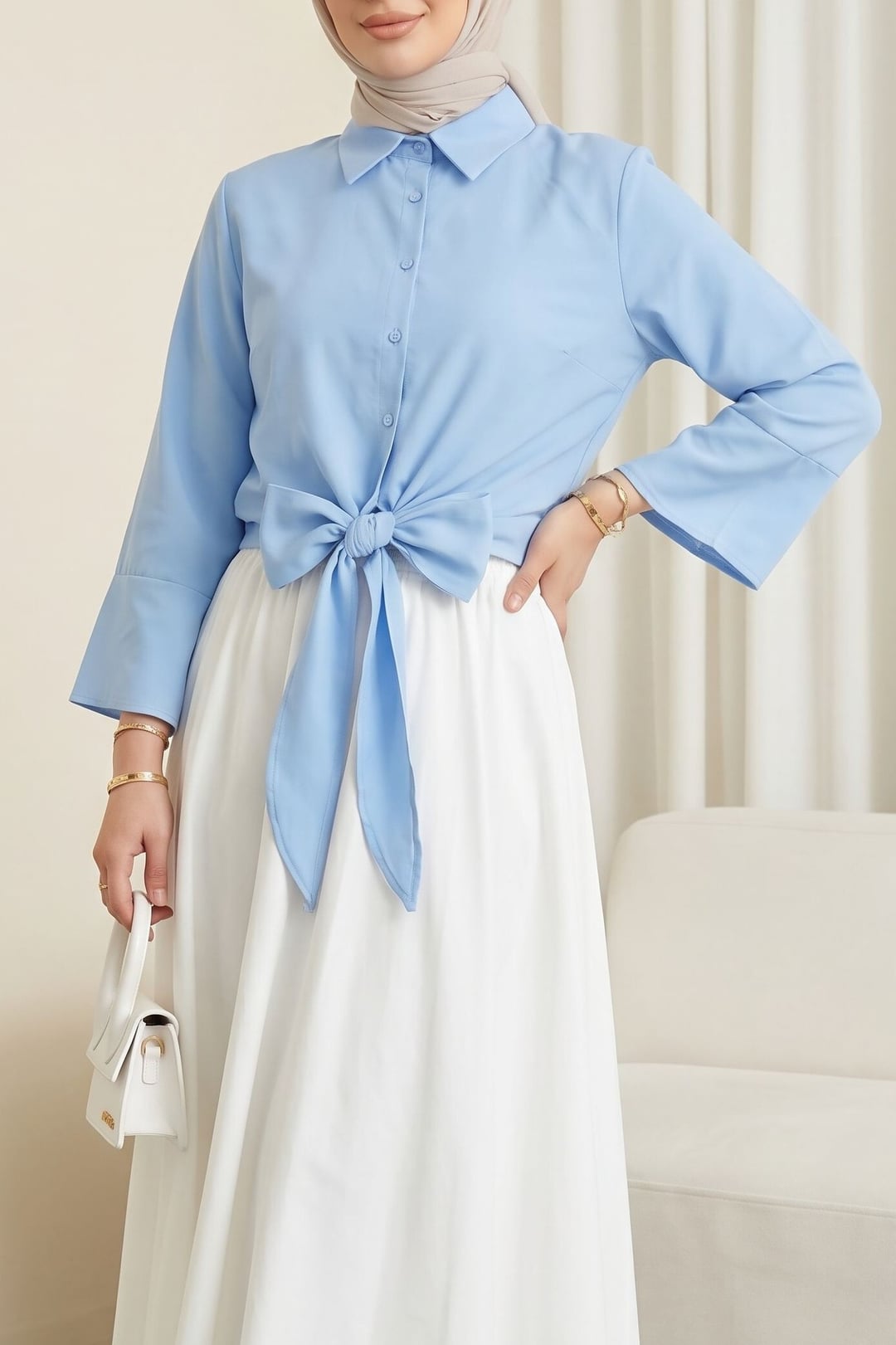 Tie-Waist Spanish Sleeve Poplin Blouse - Blue - Podyumplus - by Peralane