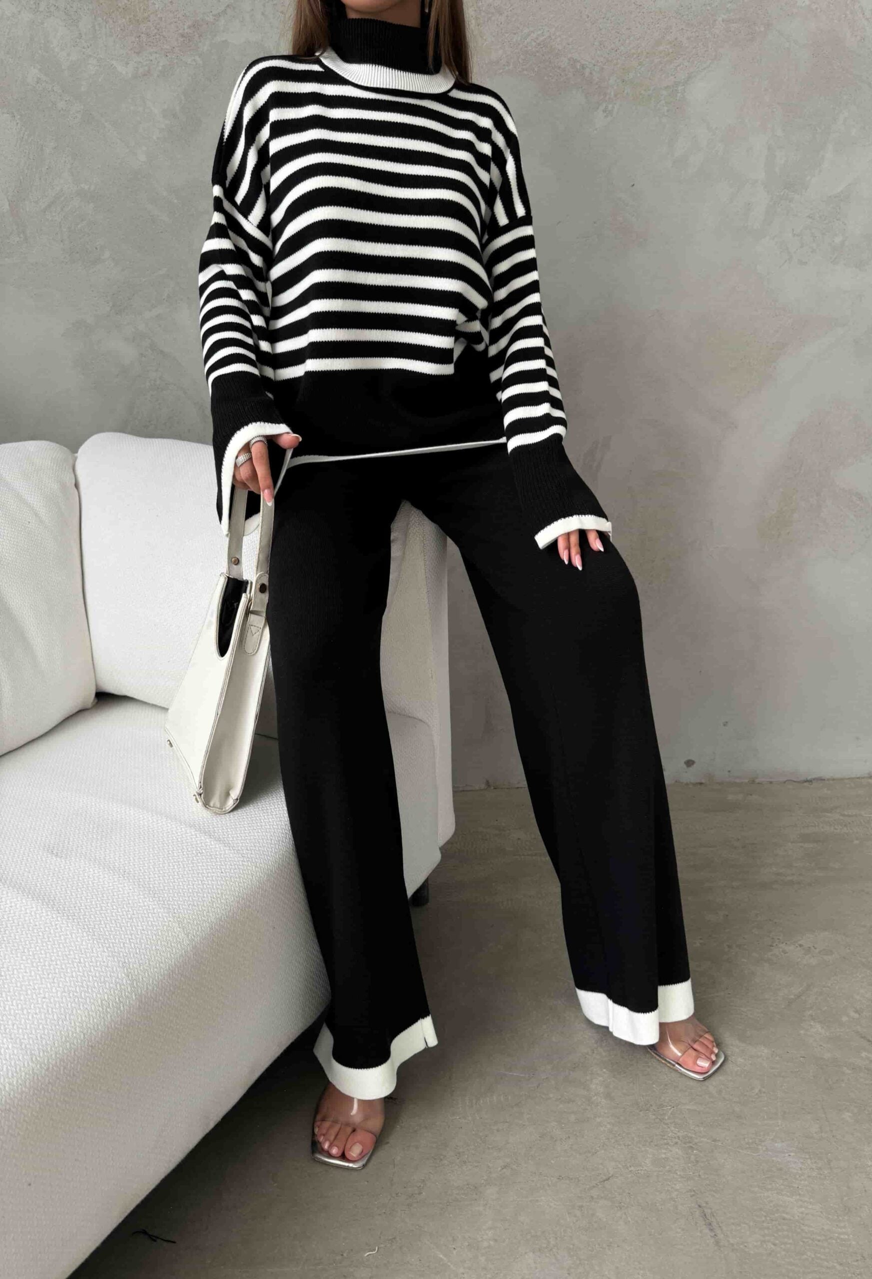 Black and White Striped Knit Sweater and Trousers Lounge Set - My Bee - by Peralane - photo 2