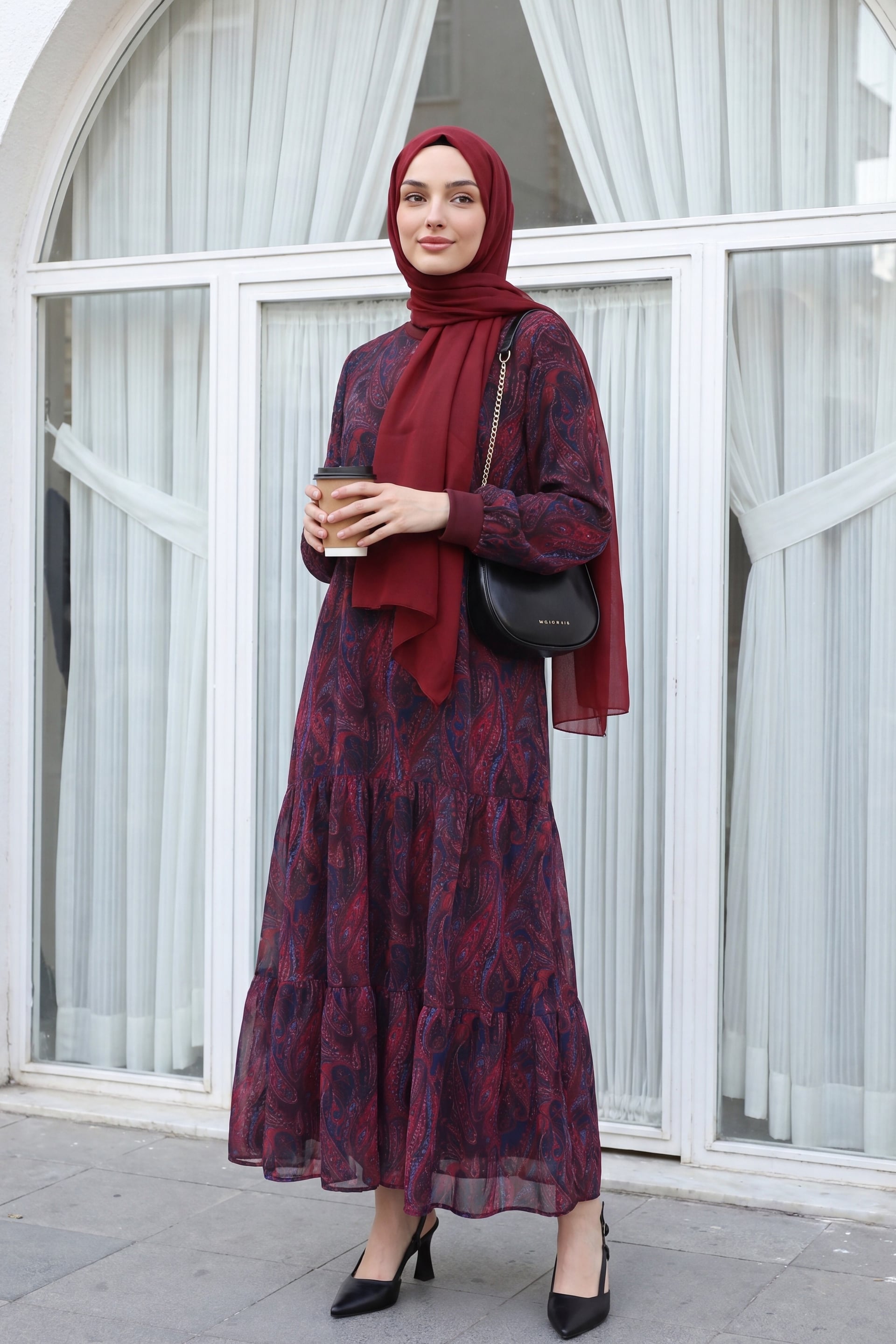 Women's Ethnic Print Layered Chiffon Dress - Burgundy - Podyumplus - by Peralane - photo 3