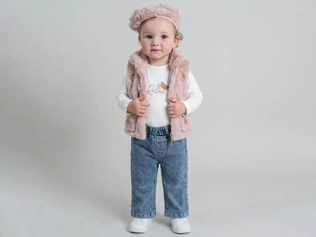 Girl's 3-Piece Set with Embroidered Bear Vest and Hat - Pampal Kids - by Peralane