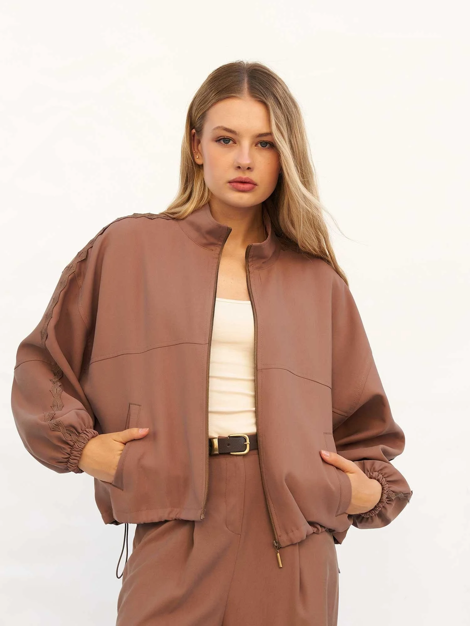 Women's Solid Brown Bomber Jacket with Lace Trim - Lefon - by Peralane - photo 2