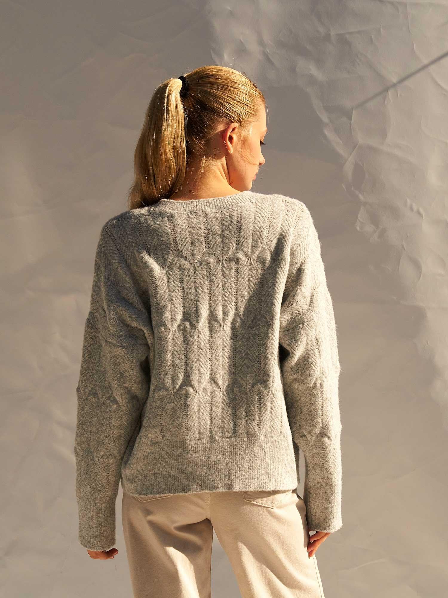 Oversize Crew Neck Knit Sweater with Diamond Pattern - Light Grey - Lefon - by Peralane - photo 3